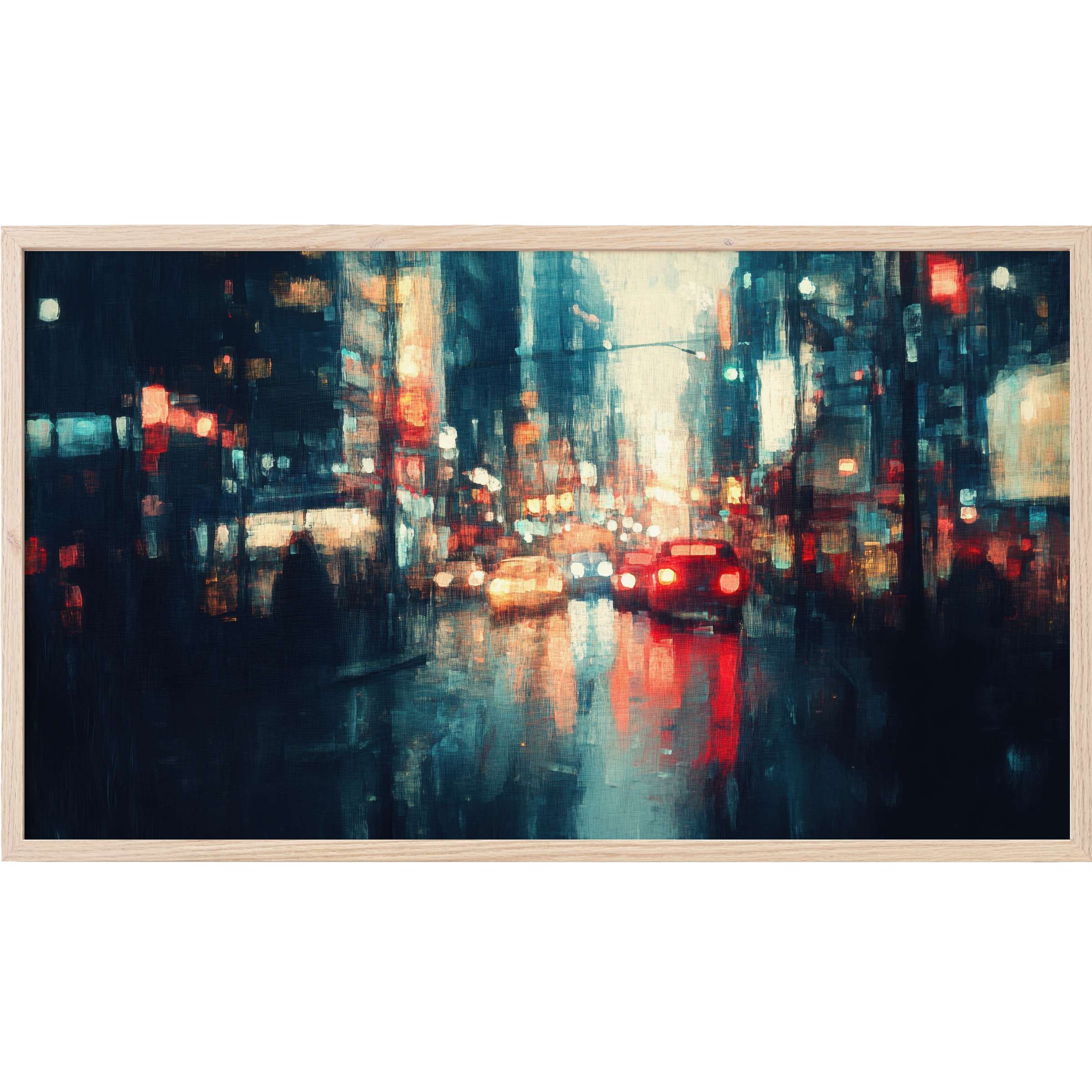 Urban Frame TV Art depicting a rainy cityscape in moody blues and vibrant reds with a modern, impressionistic style