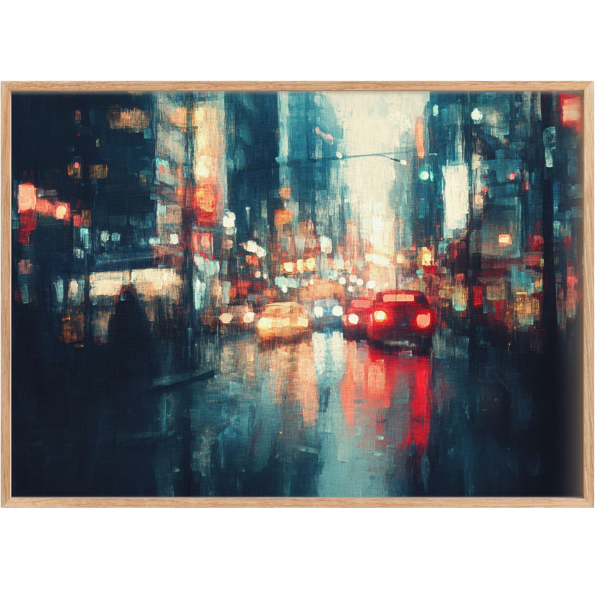 Urban printable wall art capturing a rainy city night, glowing in deep blues and warm amber hues, evoking a moody, reflective ambiance