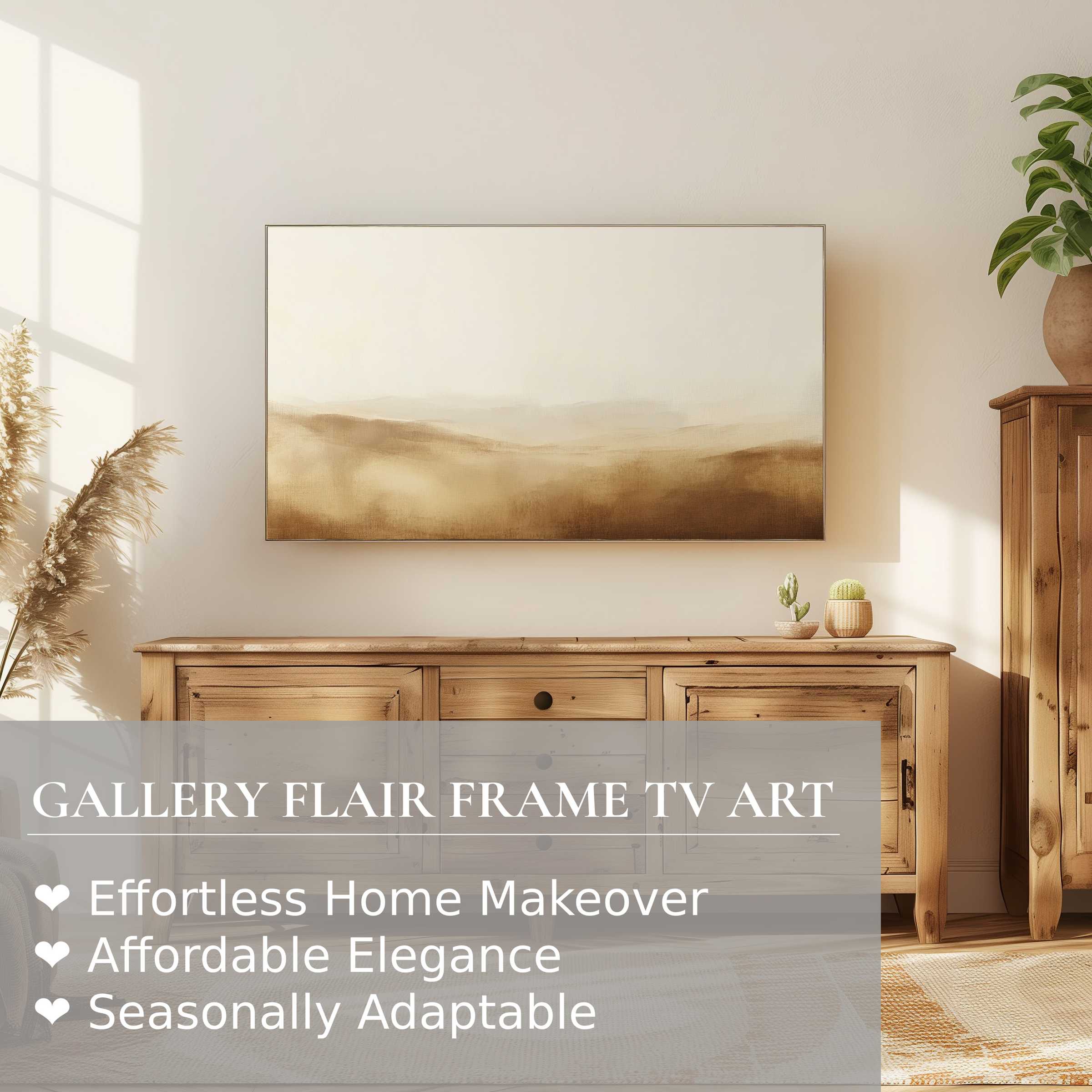 Samsung Frame TV displaying soft, muted landscape digital artwork in warm, elegant, modern living room decor