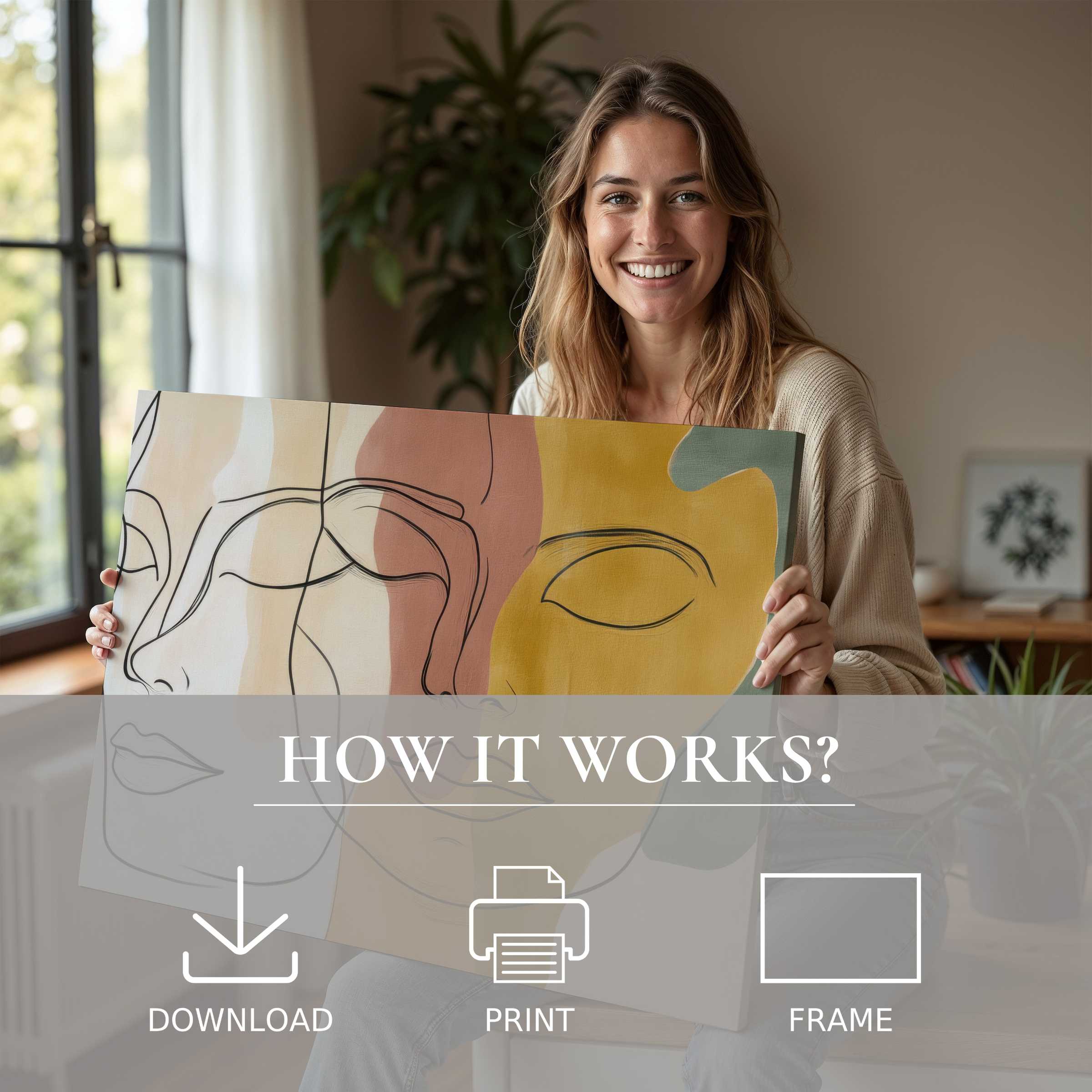 Radiant woman in a serene home embraces the joy of minimalist digital art print, elevating modern living with effortless elegance