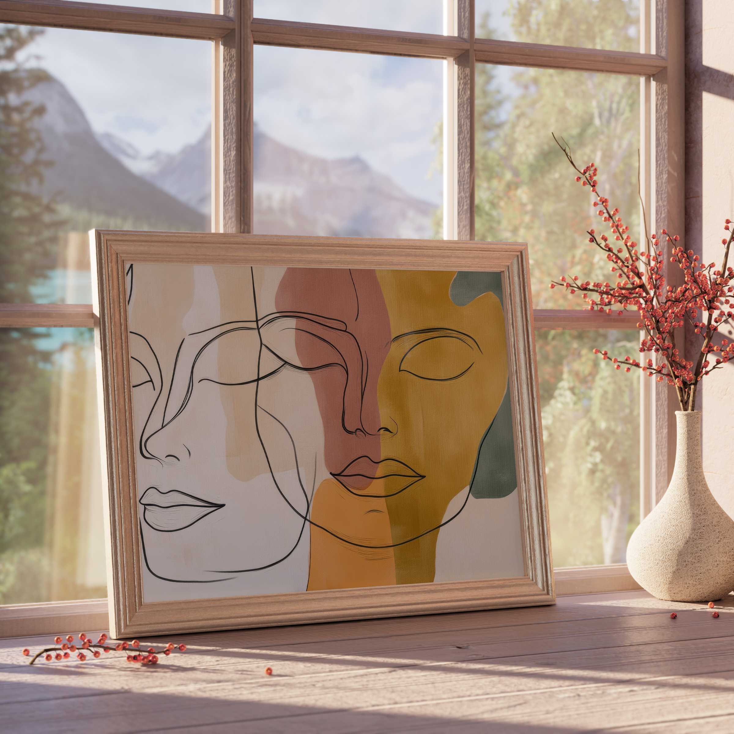 Minimalist downloadable art blending warm earth tones and sleek linework, enriching tranquil, design-forward interiors with curated elegance