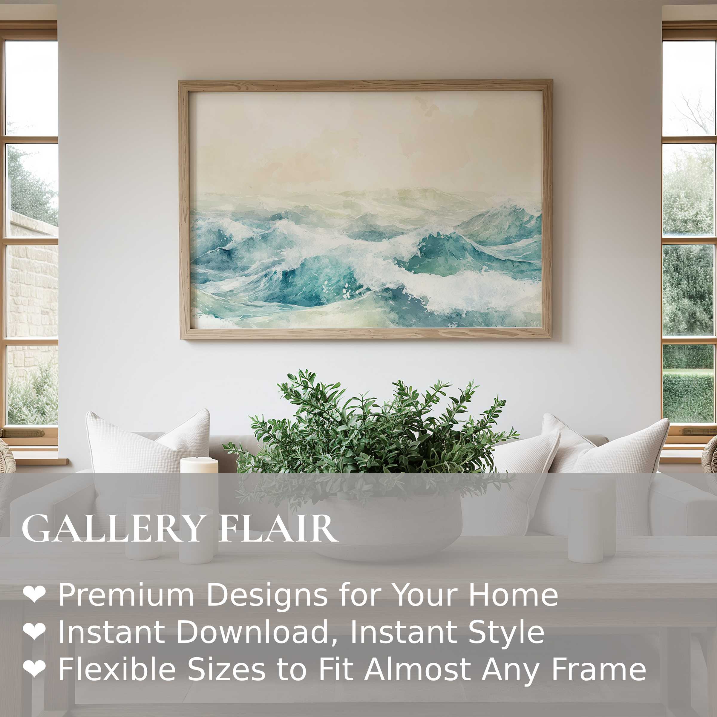Summer wall art print featuring radiant ocean waves in soft blues and whites, elevating modern coastal interiors with calming, nature-inspired elegance