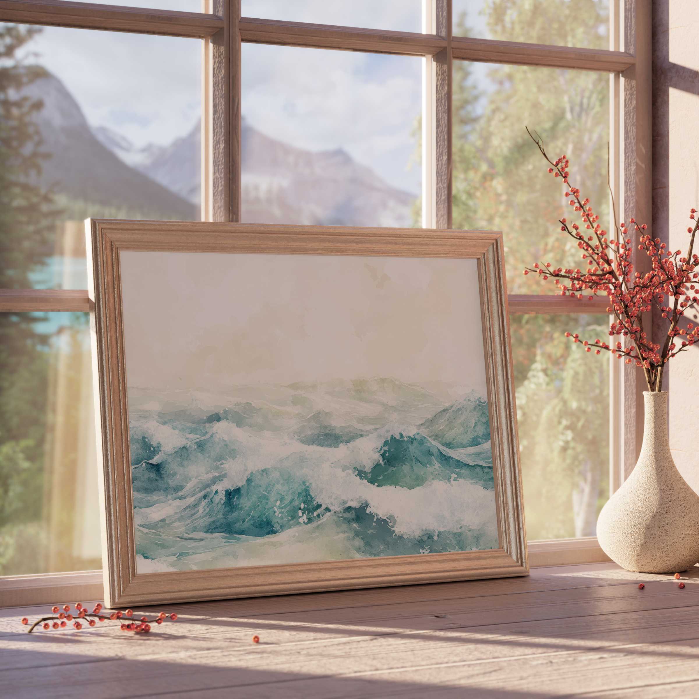 Serene summer downloadable art capturing vibrant ocean waves, elevating tranquil, design-forward interiors with coastal elegance