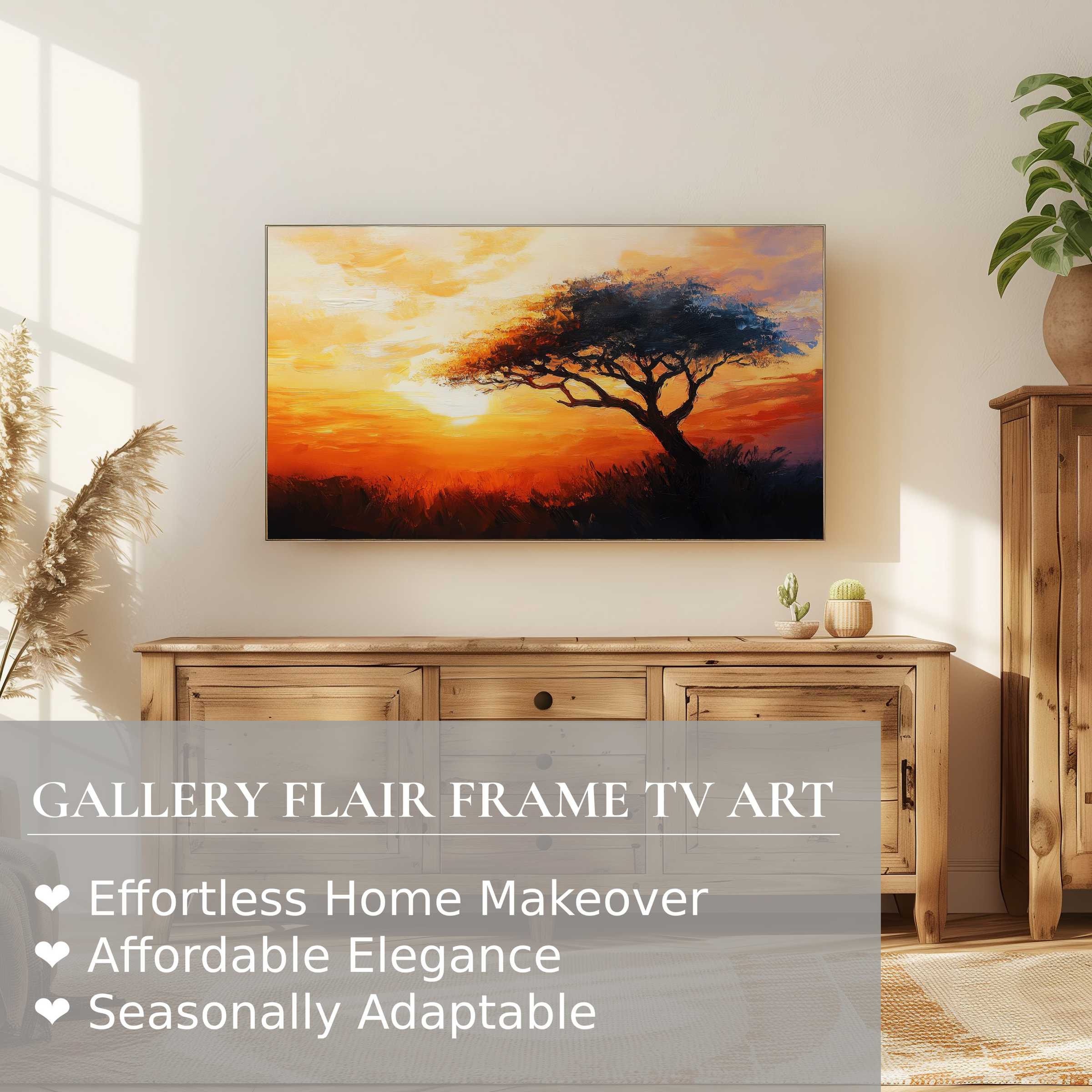 Samsung Frame TV displaying tree digital artwork at sunset in a serene, elegant living room setting
