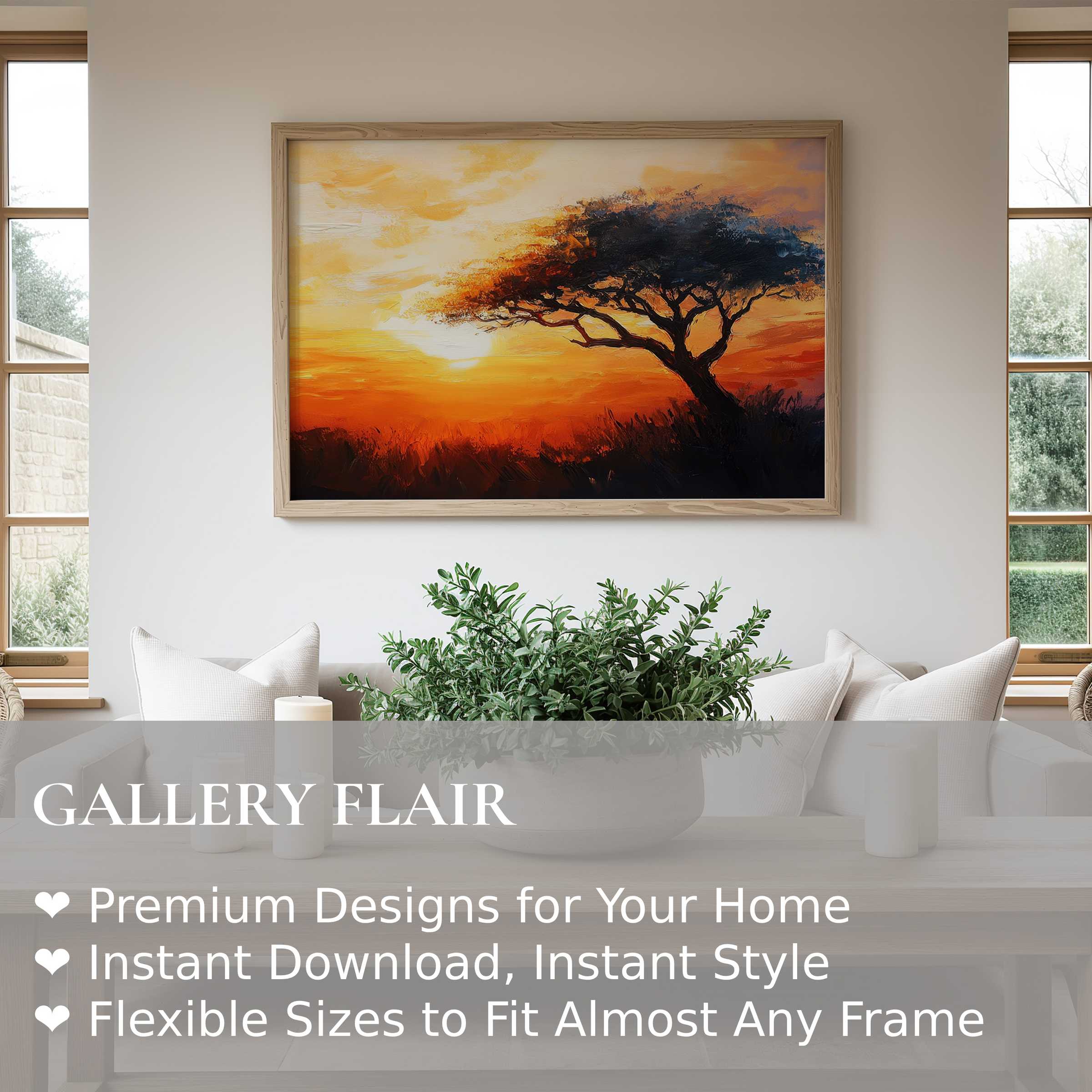 Radiant tree wall art print capturing a vibrant sunset silhouette, enhancing modern, serene living spaces with warm, bold hues