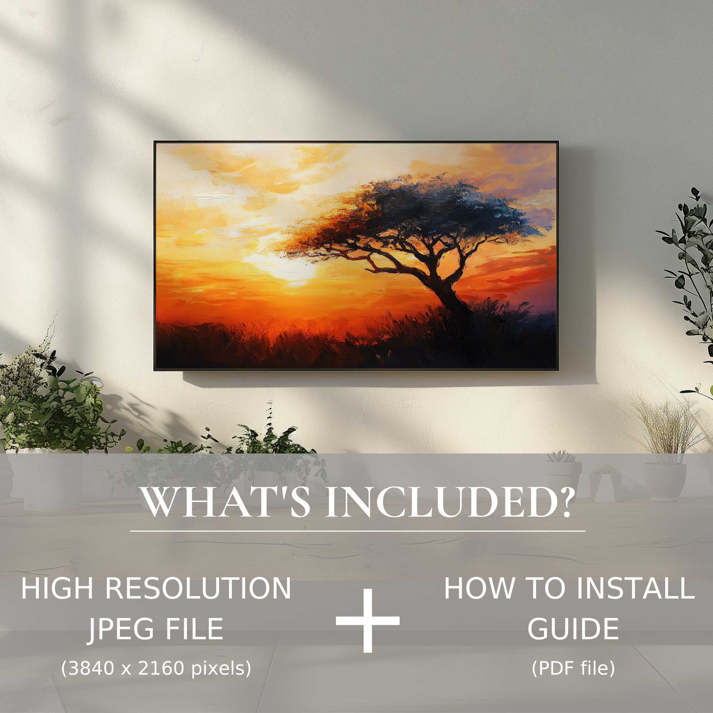 Elegant tree digital TV art download enhances modern living spaces with easy digital use and vibrant sunset hues