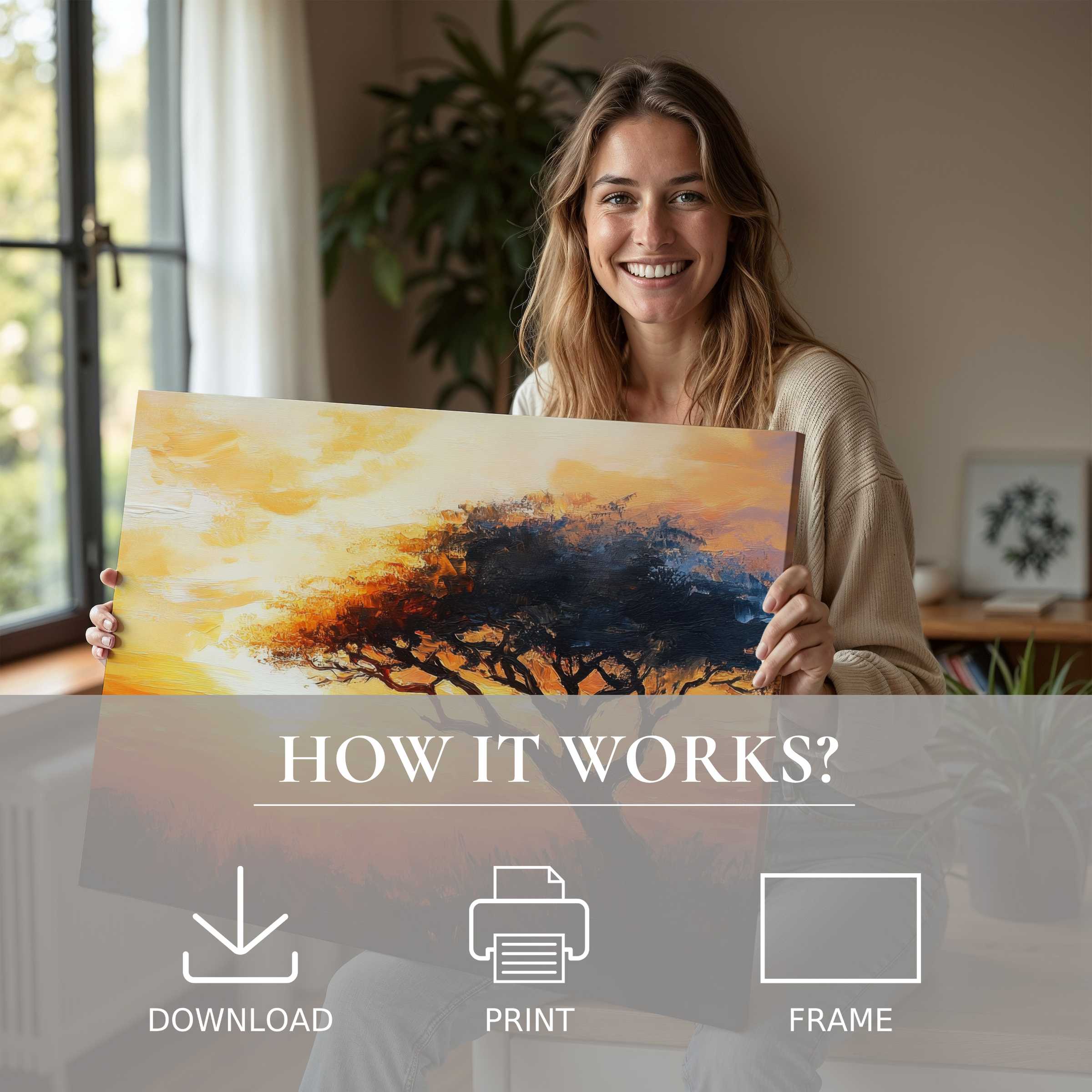 Radiant tree digital art print embraced in a serene modern home, inspiring joy and effortless elegance in living with art