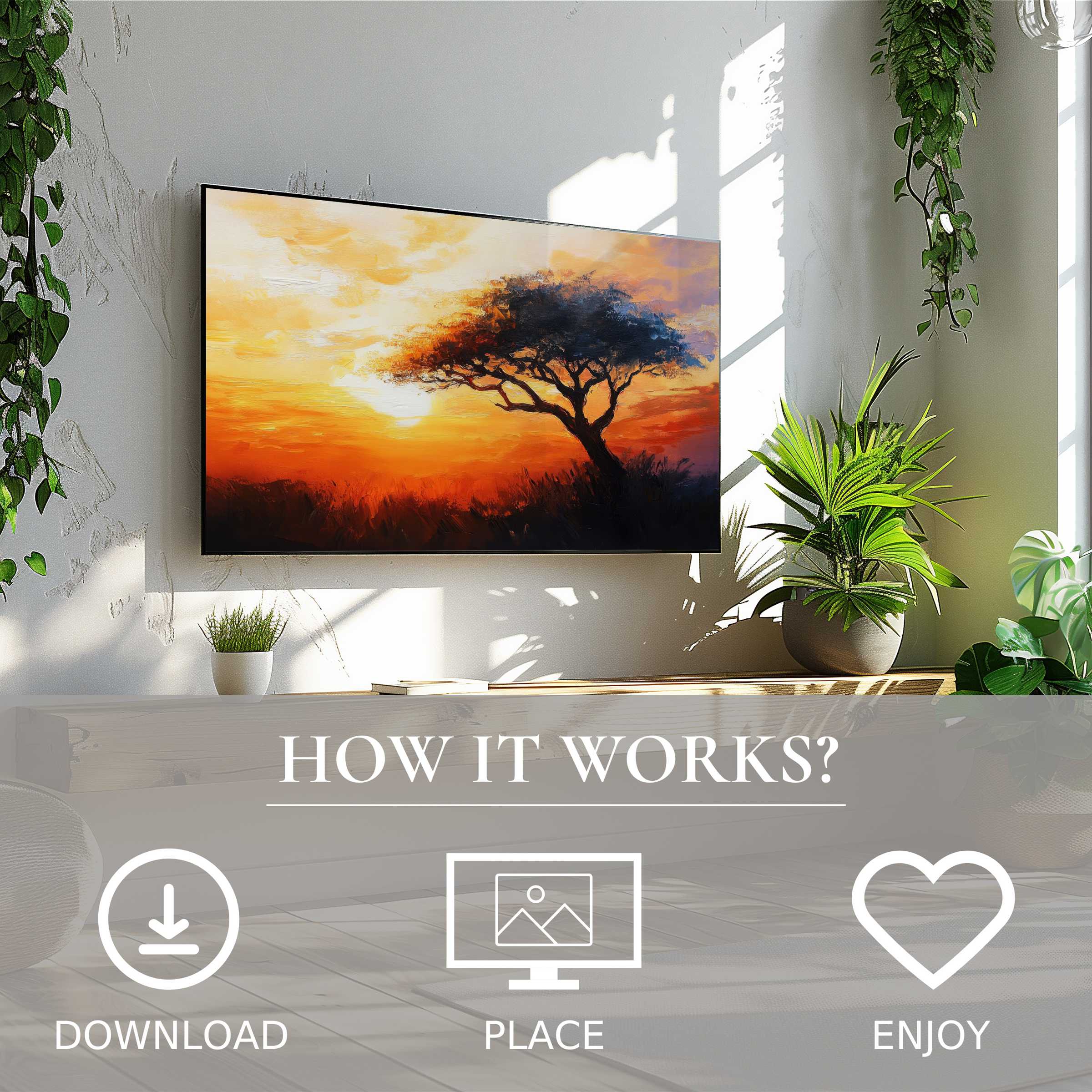 Tree art for Samsung TV showing sunset tones; easy digital download enriches modern living with warm, natural ambiance