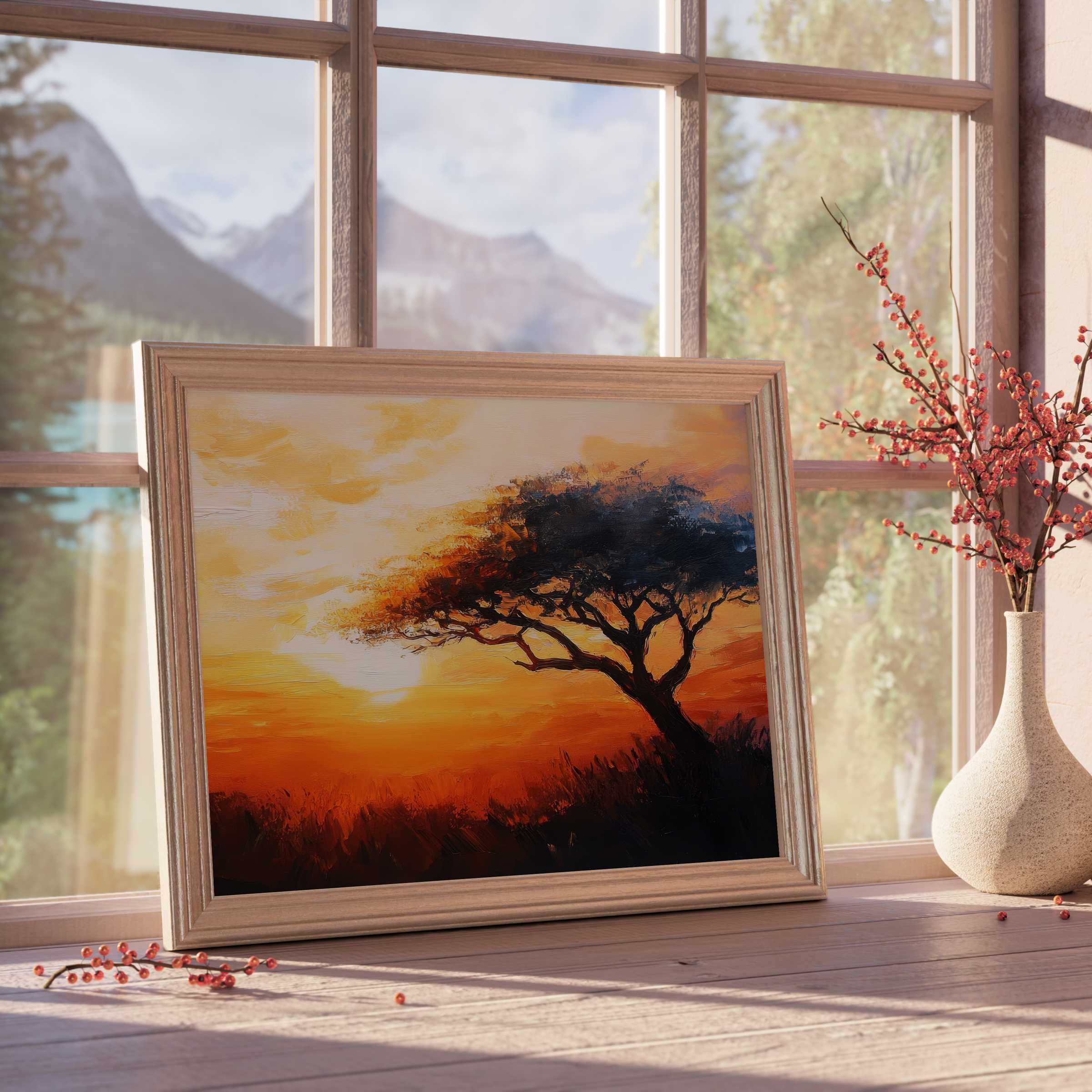 Captivating tree downloadable art, blending warm sunset hues and elegant design to elevate serene, curated interiors with timeless charm