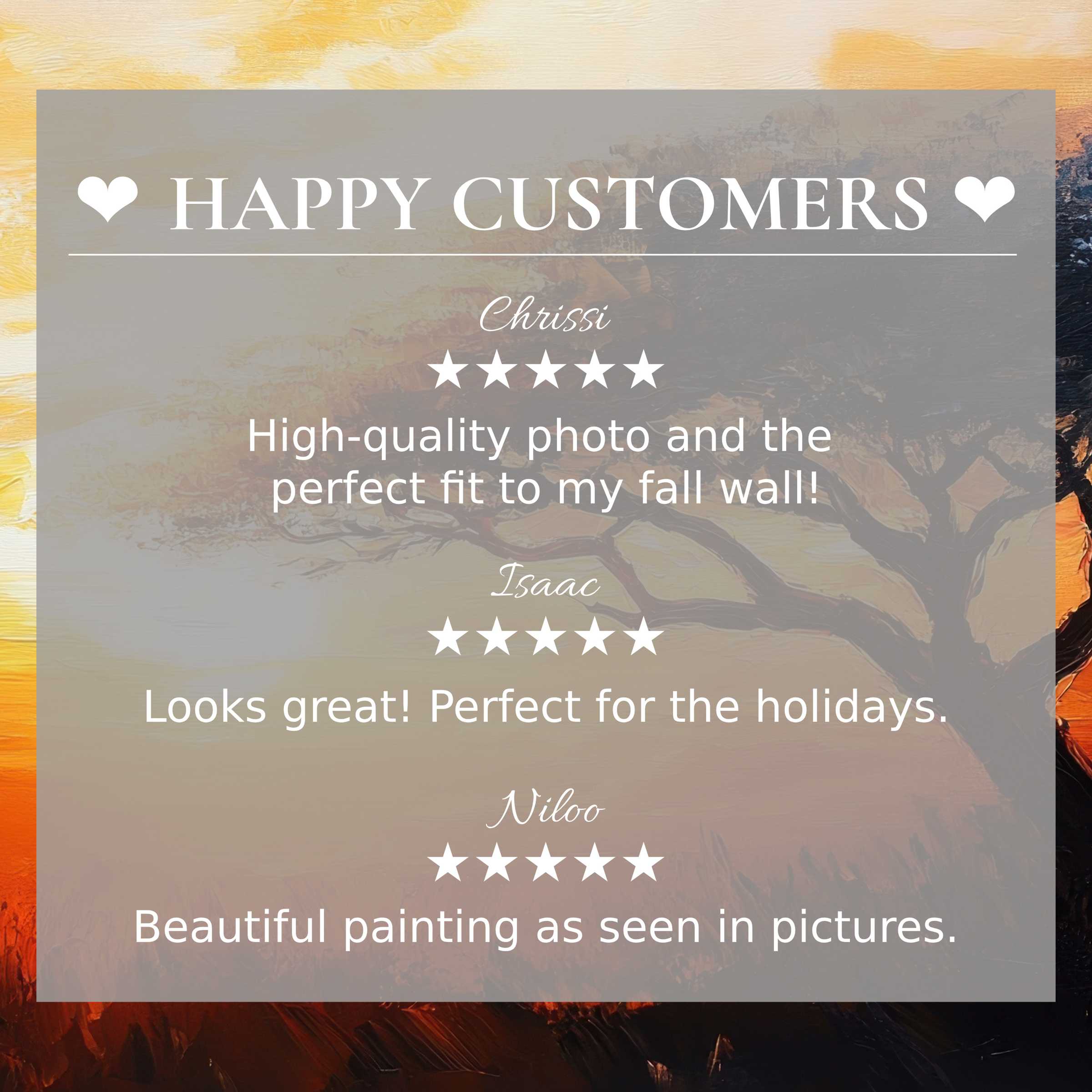 Trees art for Frame TV with abstract sunset hues; happy customer reviews enhance trust and elegant presentation