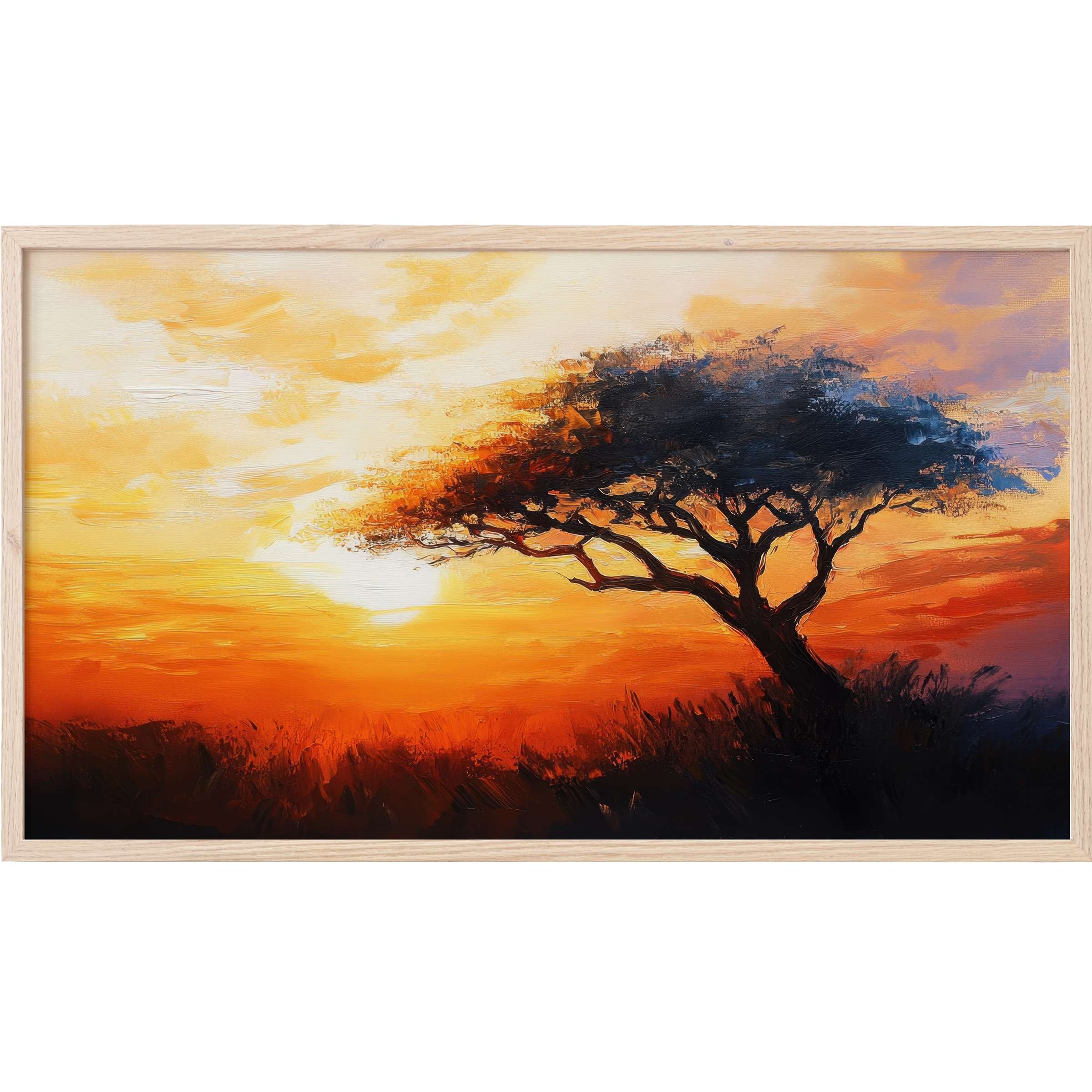 Vibrant sunset with silhouetted windswept tree in deep blues and fiery oranges, a stunning tree Frame TV Art