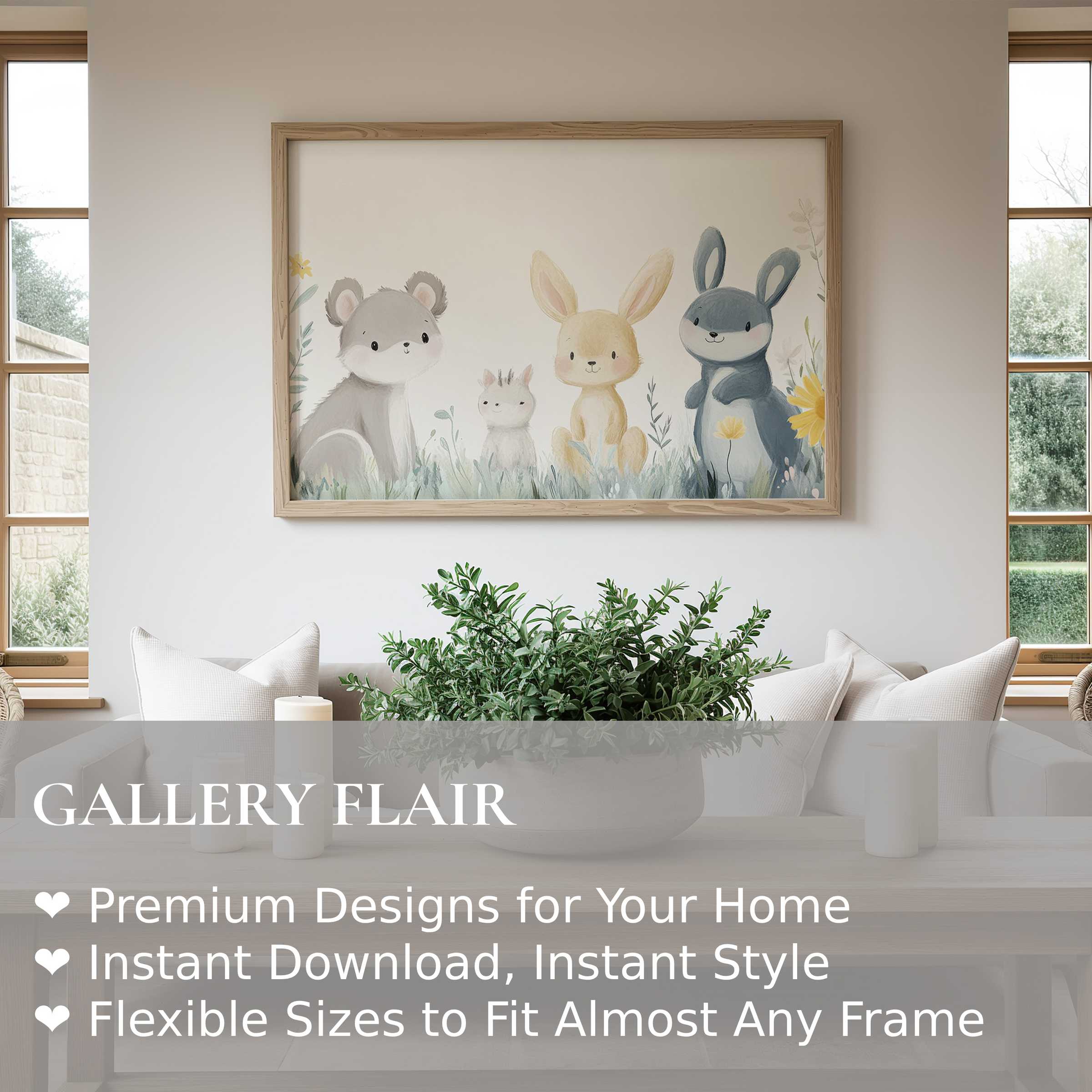 Soft, calming nursery wall art print featuring whimsical woodland animals in a modern, serene kids' room decor