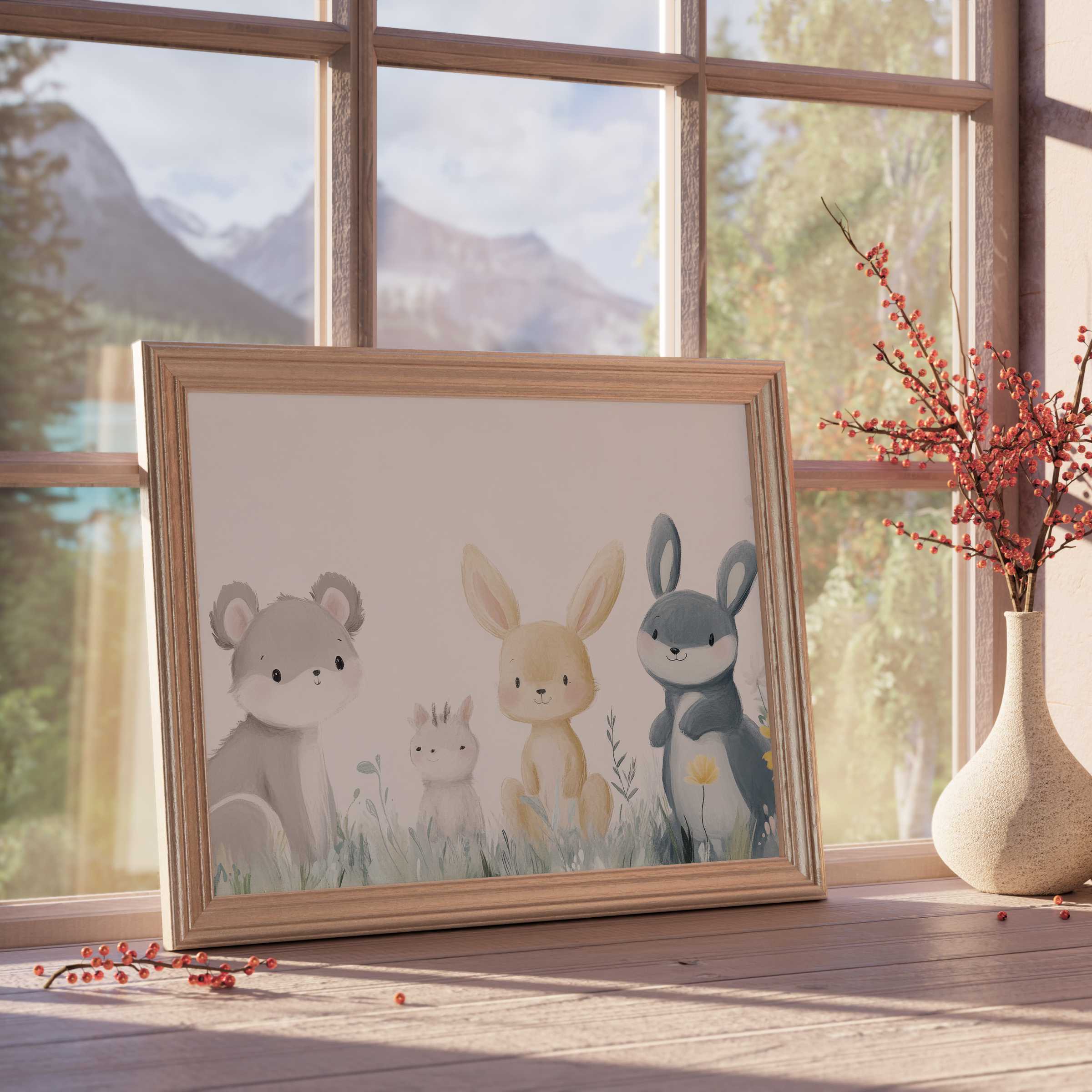 Nursery downloadable art depicting charming woodland friends in soft pastels, enriching tranquil, design-forward nurseries with cozy warmth