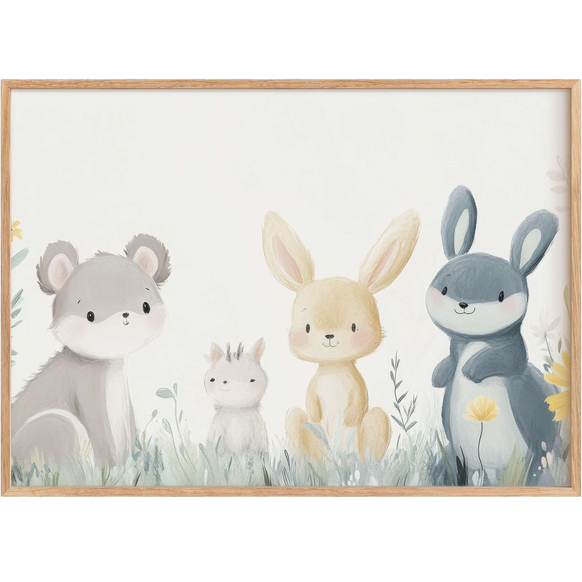 Charming nursery printable wall art featuring gentle woodland friends in soft pastels, evoking a serene and tender atmosphere