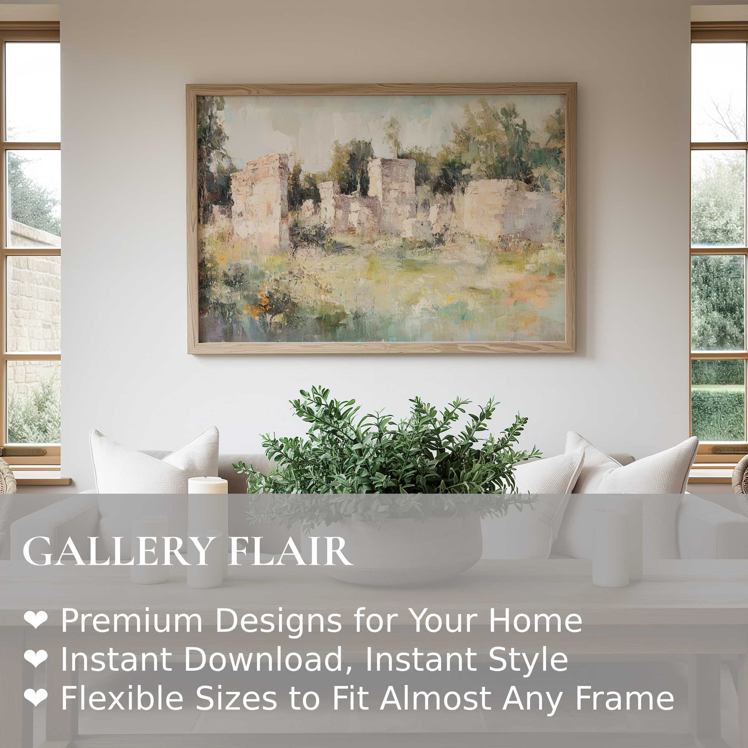 Vintage wall art print featuring serene rustic ruins in muted pastels, elevating modern minimalist interiors with timeless, calming elegance