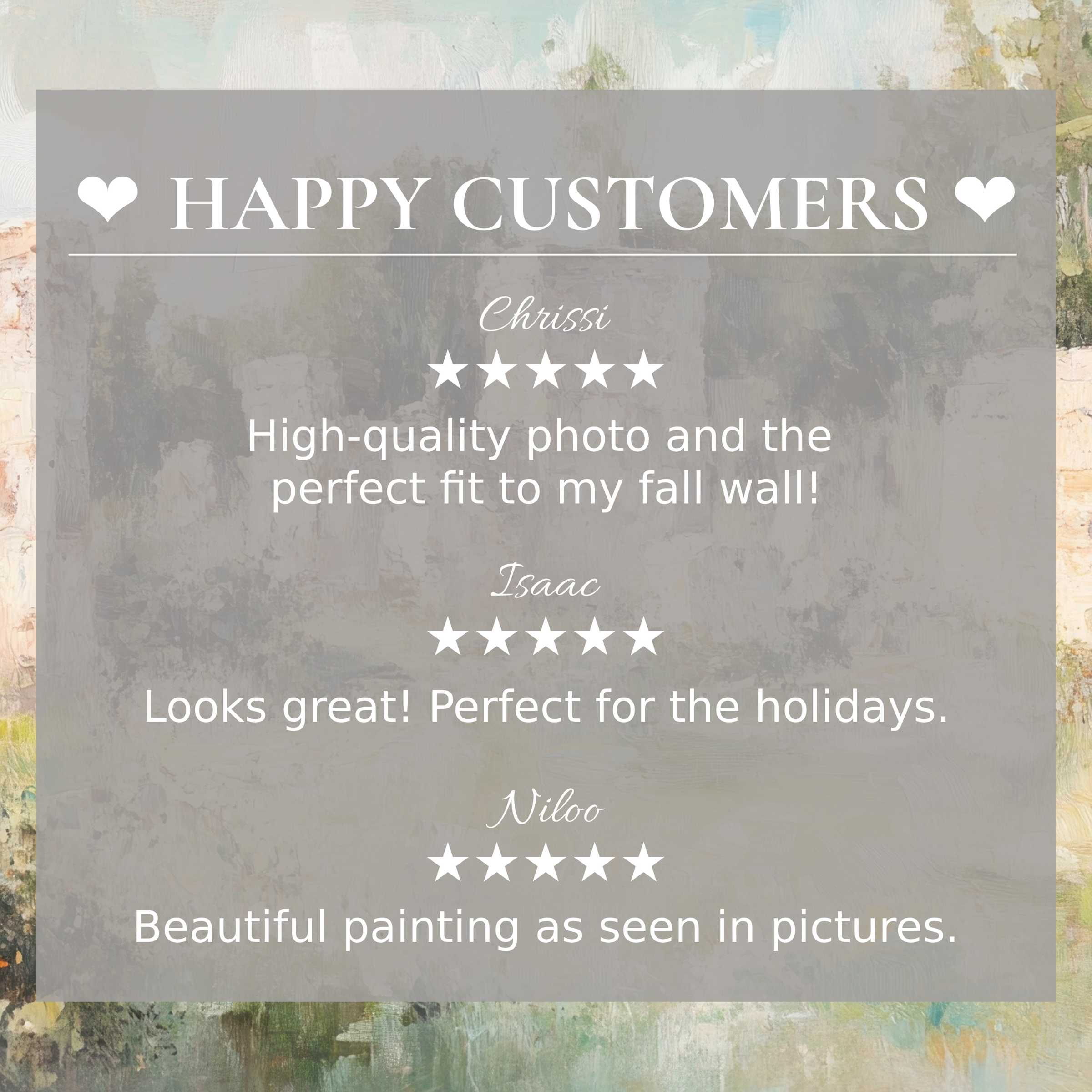 Happy customer reviews highlight vintage art for Frame TV with elegant abstract sunset colors, building trust and style