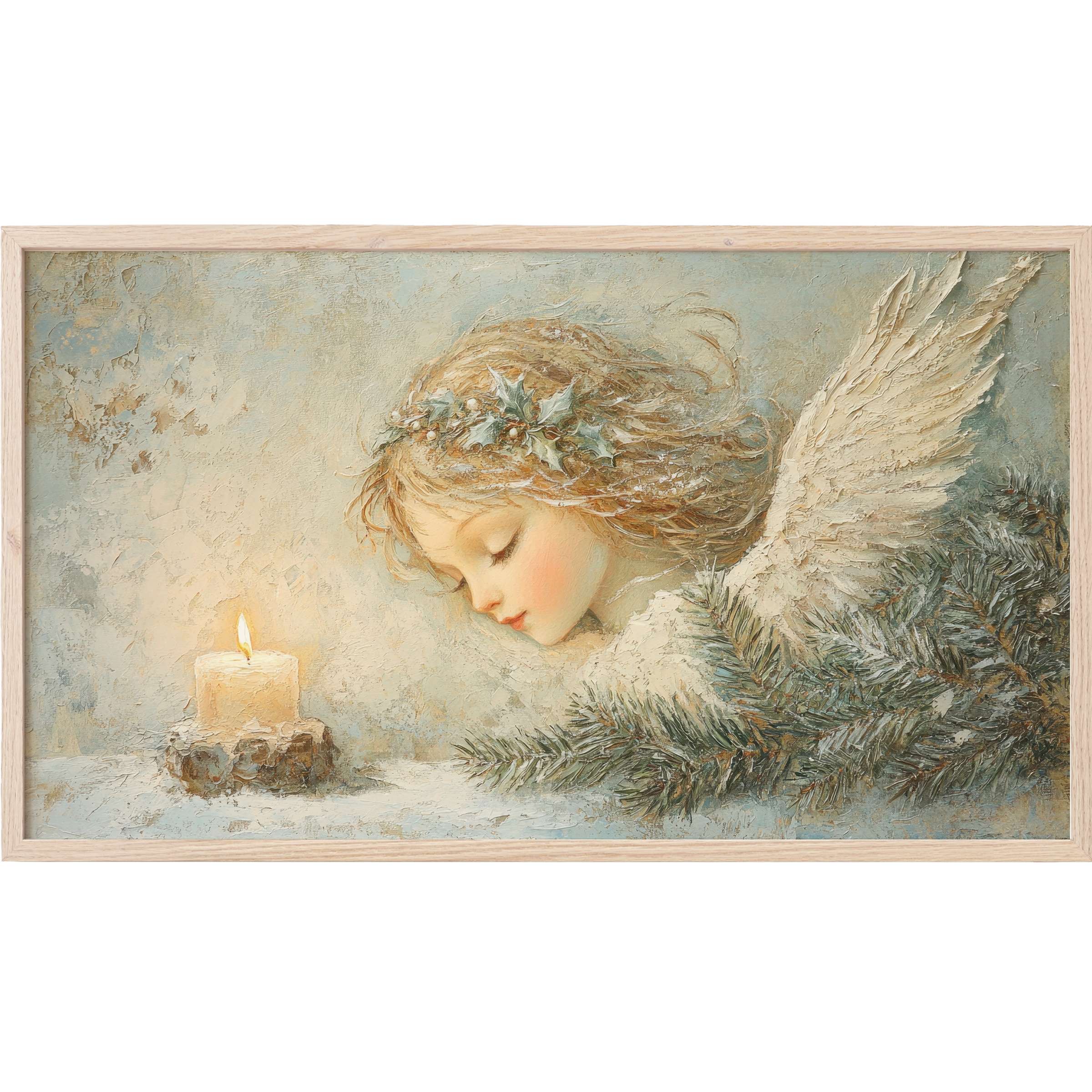 Elegant christmas Frame TV Art of a serene angel, soft pastels, textured brushstrokes, warm candlelight glow