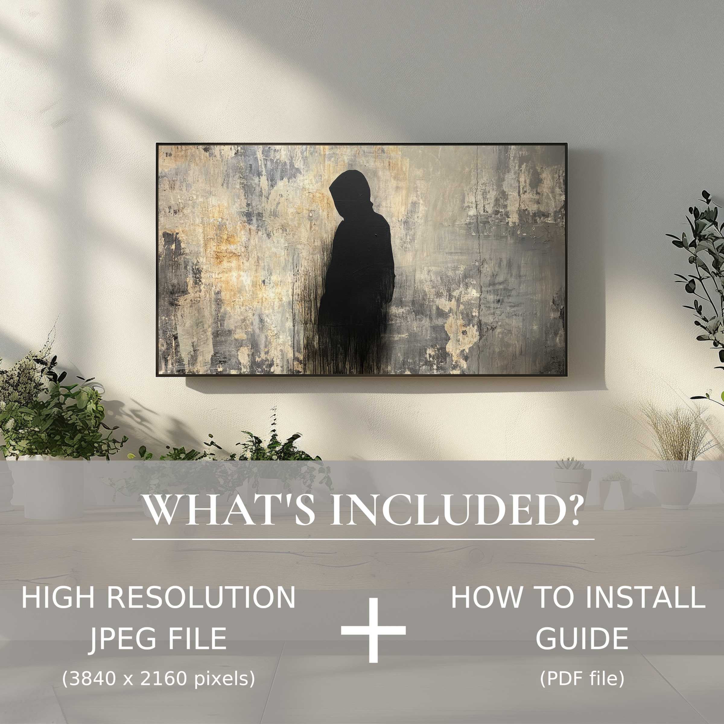 Elegant living space enhanced by street art digital TV art download, easy digital use with high-res file and installation guide