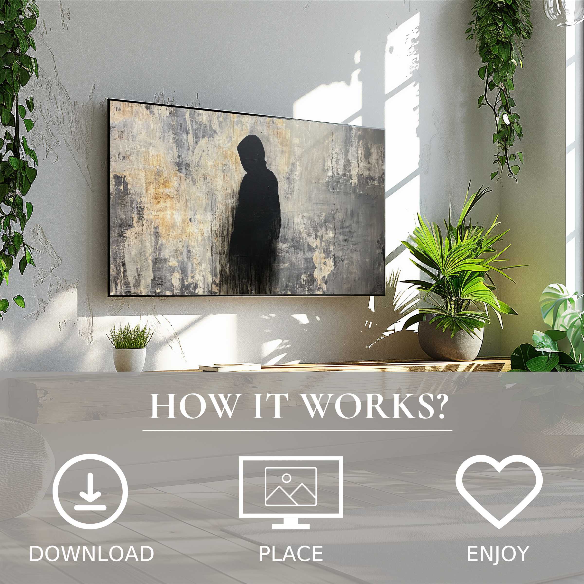 Modern living room with street art for Samsung TV; silhouette motif, easy digital download enriches space