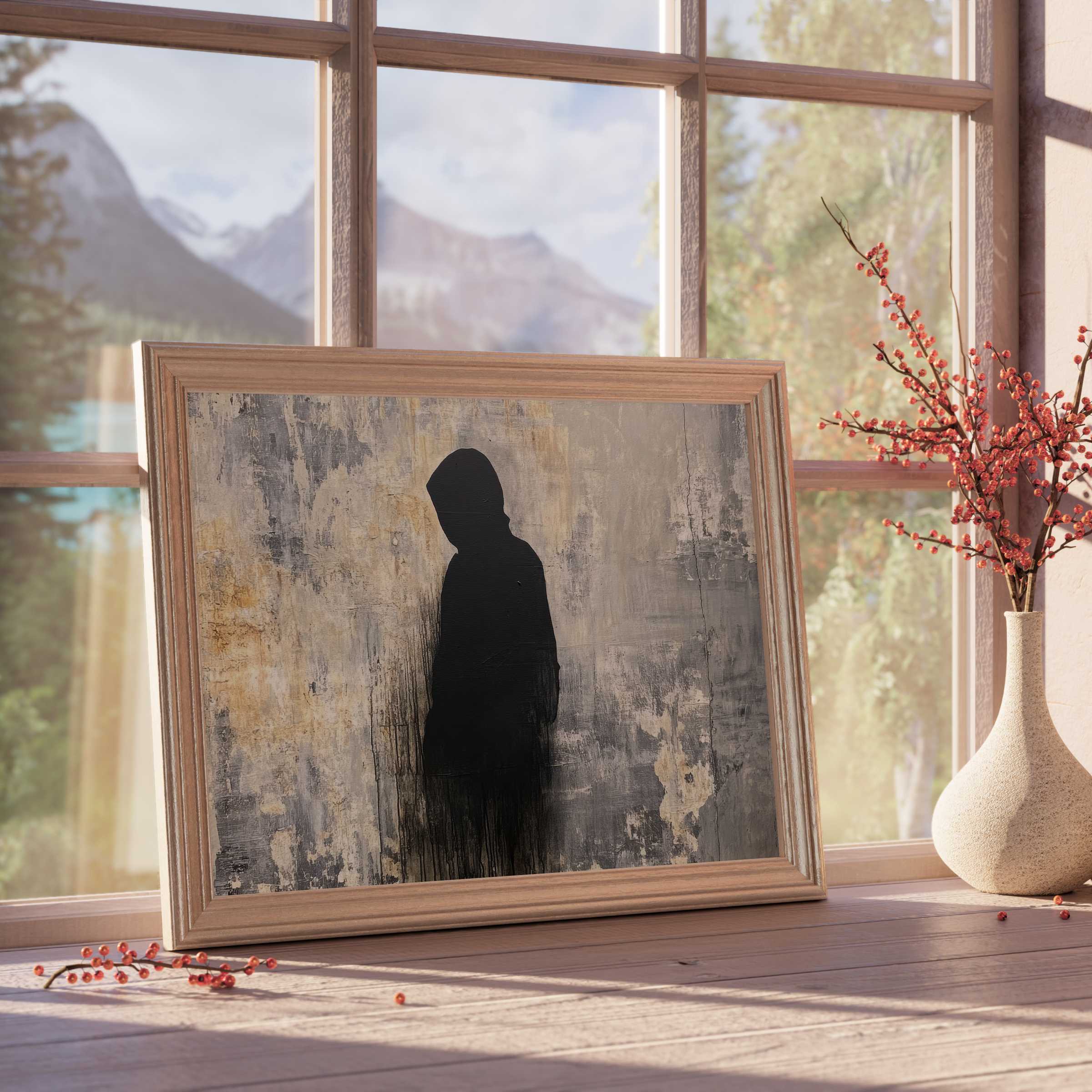 Moody street art downloadable art with a silhouetted figure in a textured gray-wash frame, perfect for serene, modern interiors