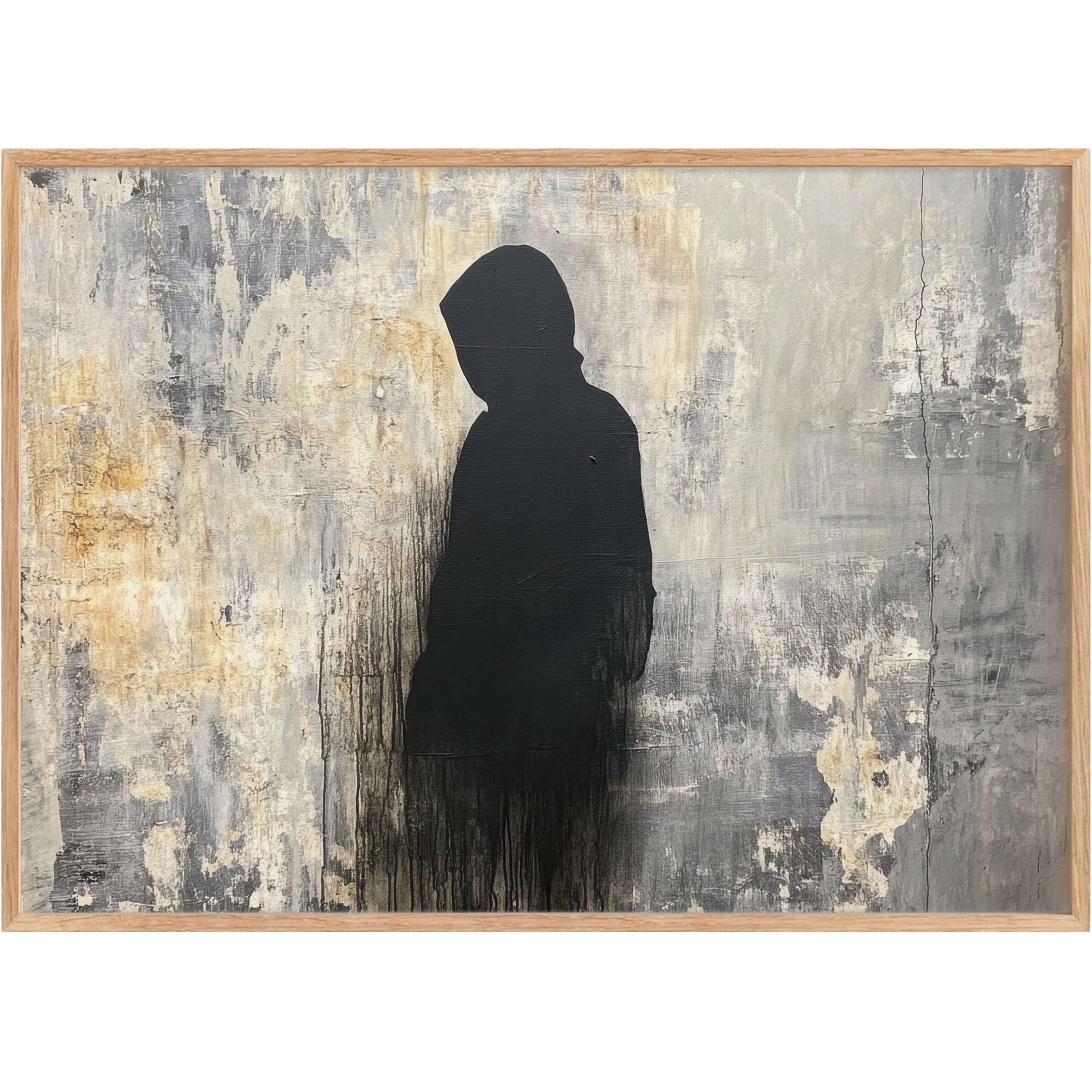 Bold street art printable wall art with a shadowed figure in deep black, evoking a mysterious, urban-chic mood in muted grays