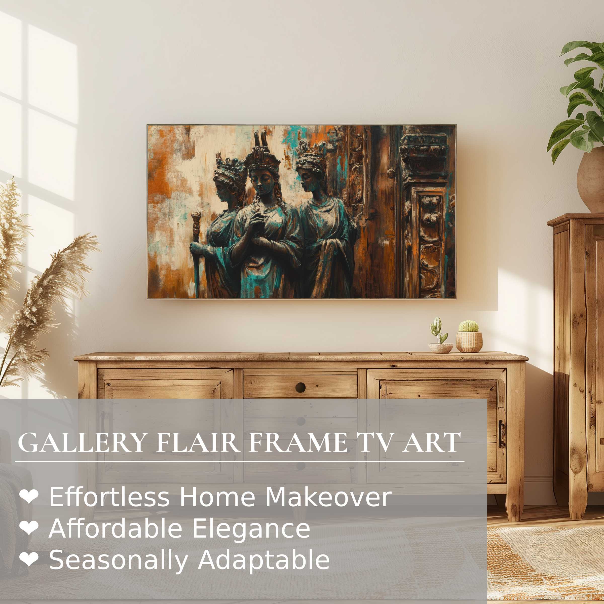 Samsung Frame TV displaying boho digital artwork with vintage tones in a serene, sunlit modern rustic setting