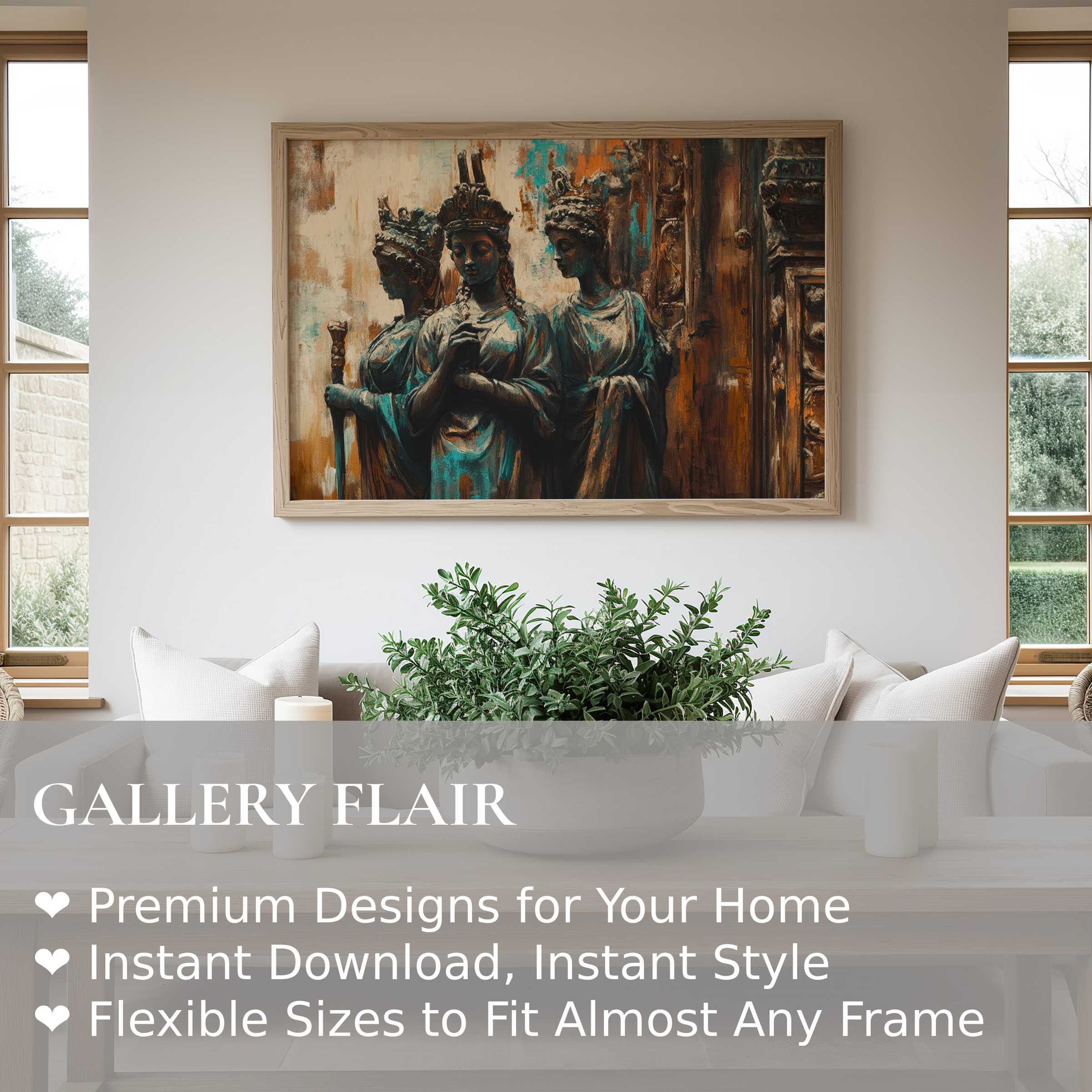 Boho wall art print featuring serene, regal figures in warm earth tones; elevates modern minimalist interiors with timeless elegance and depth