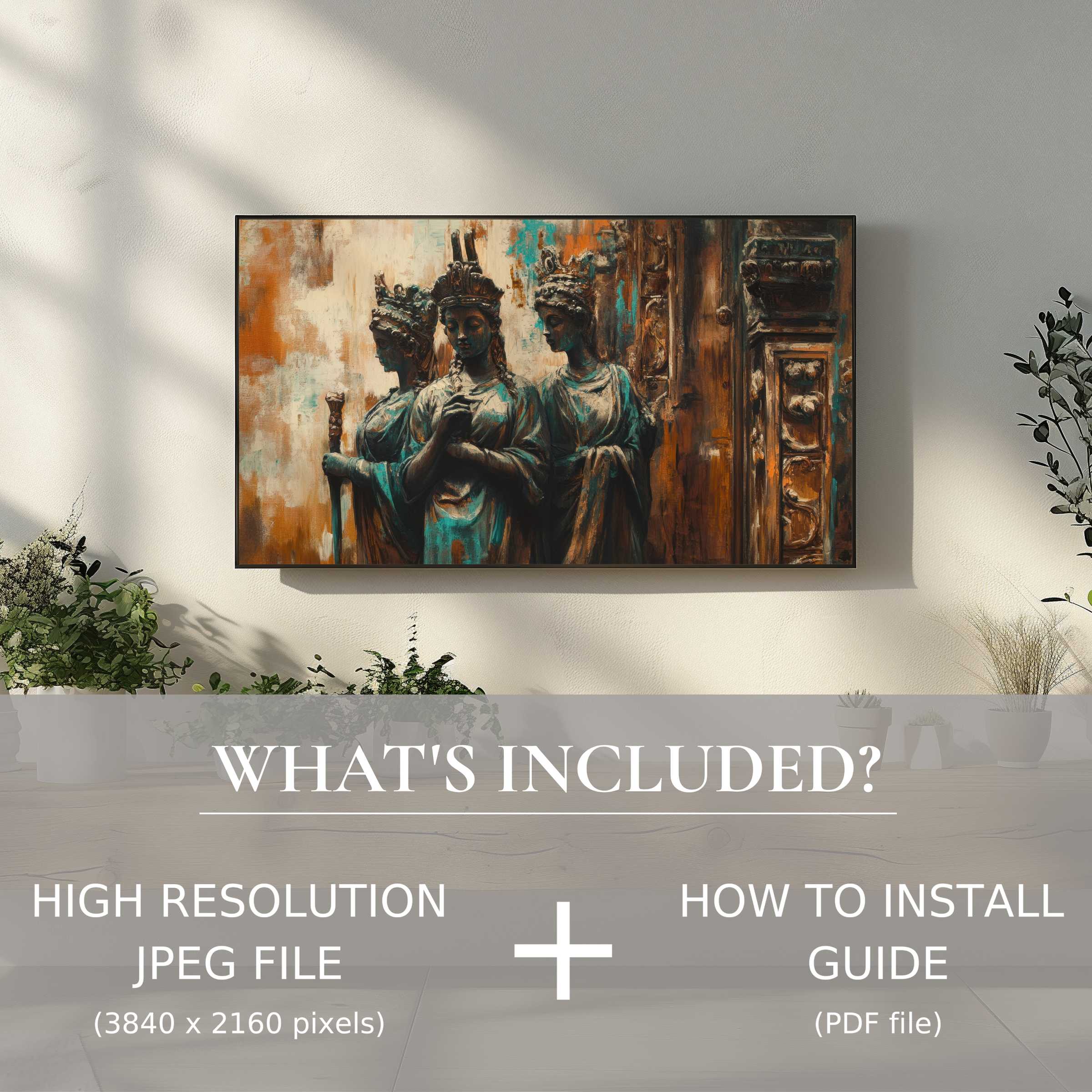 Elegant living space enhanced by boho digital TV art download, offering easy, high-res digital use and style refinement