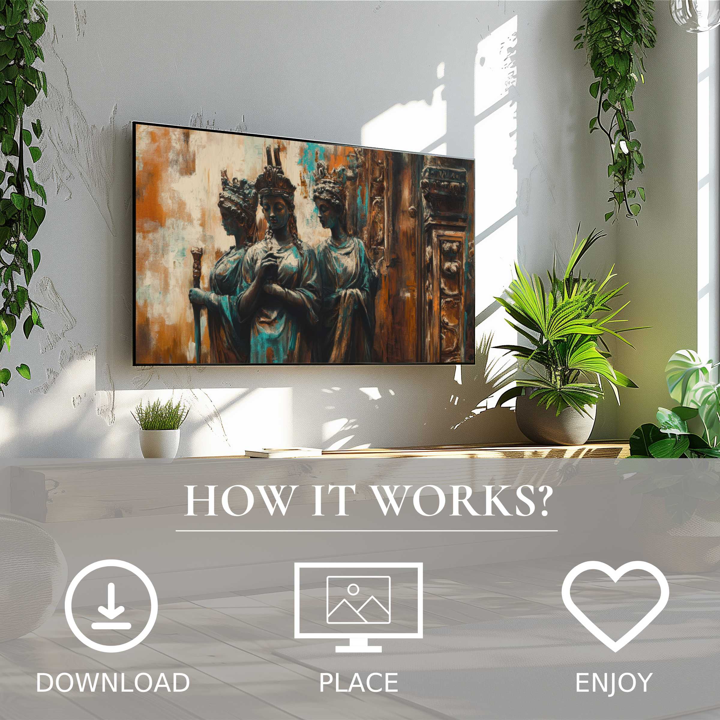 Boho art for Samsung TV shows bronze statue motif in warm tones, easy digital download enriches stylish, plant-filled living rooms