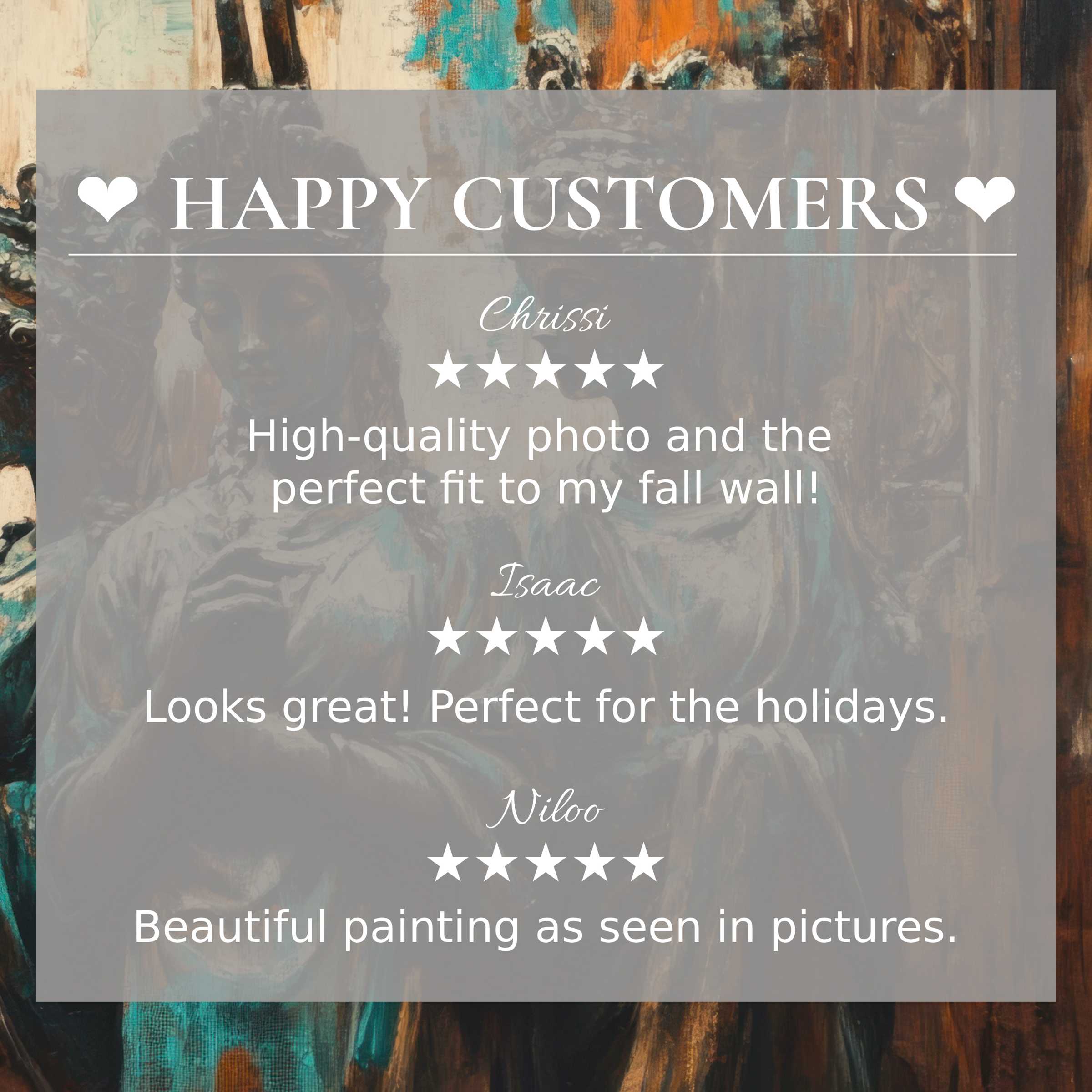Boho art for Frame TV with abstract sunset tones, showcasing happy customer reviews and elegant, trust-building design