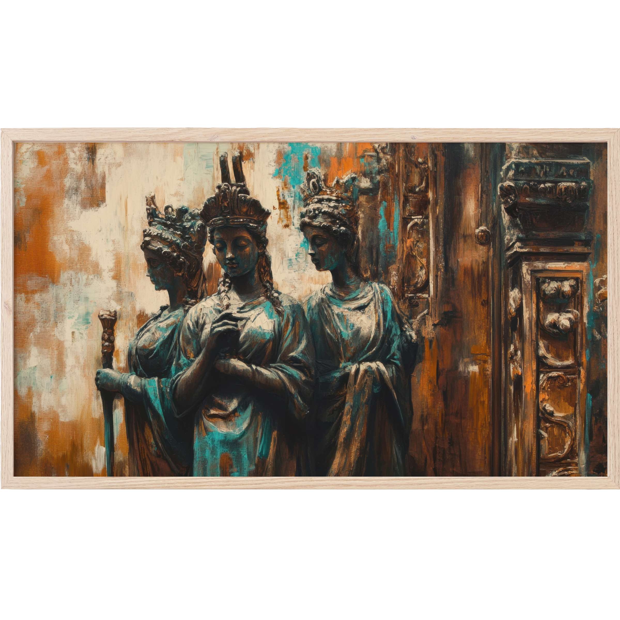 Elegant trio sculpture in rich teal and ochre tones with intricate boho Frame TV Art style