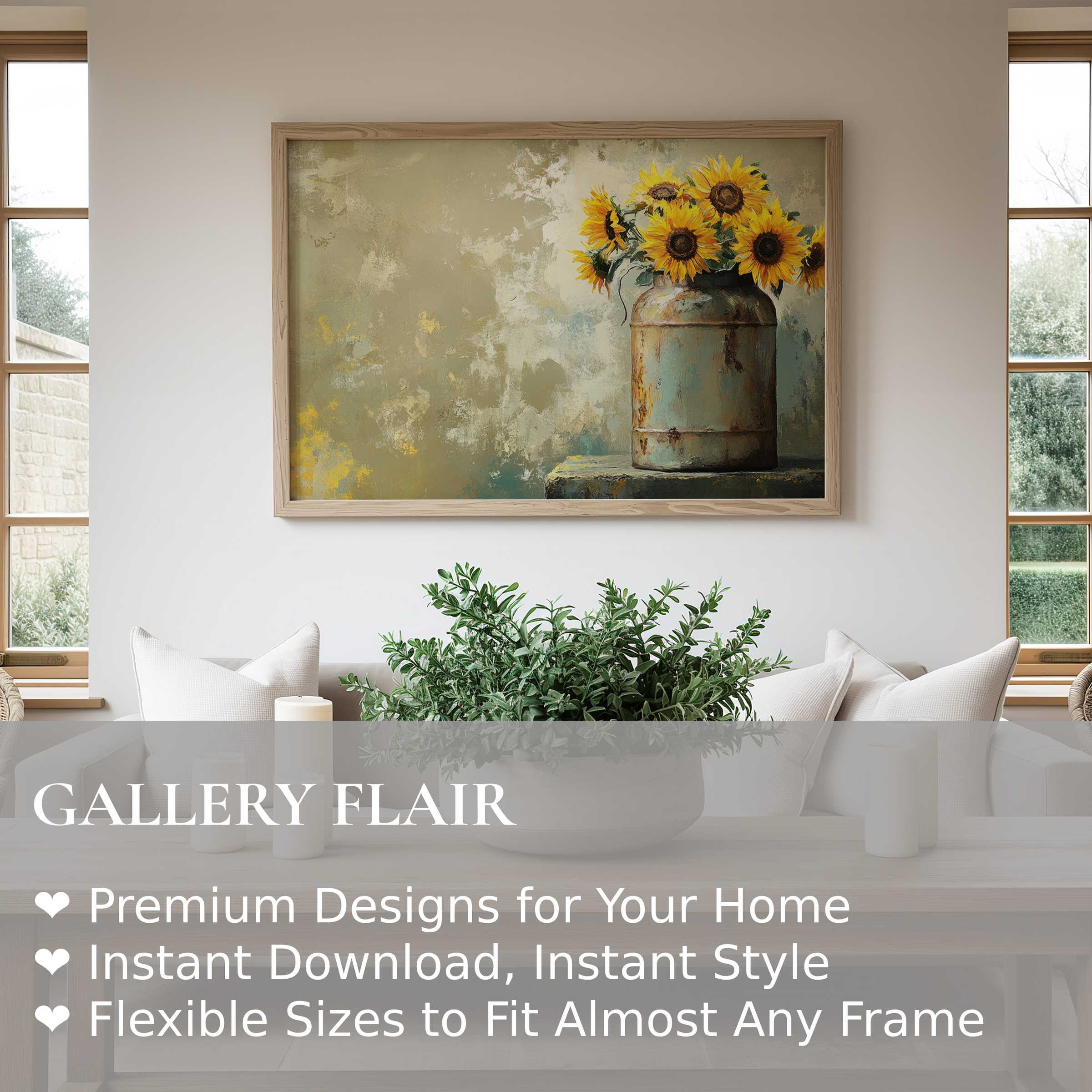 Farmhouse wall art print featuring radiant sunflowers in rustic metal vase, enhancing light-filled modern farmhouse interiors with warm, inviting charm