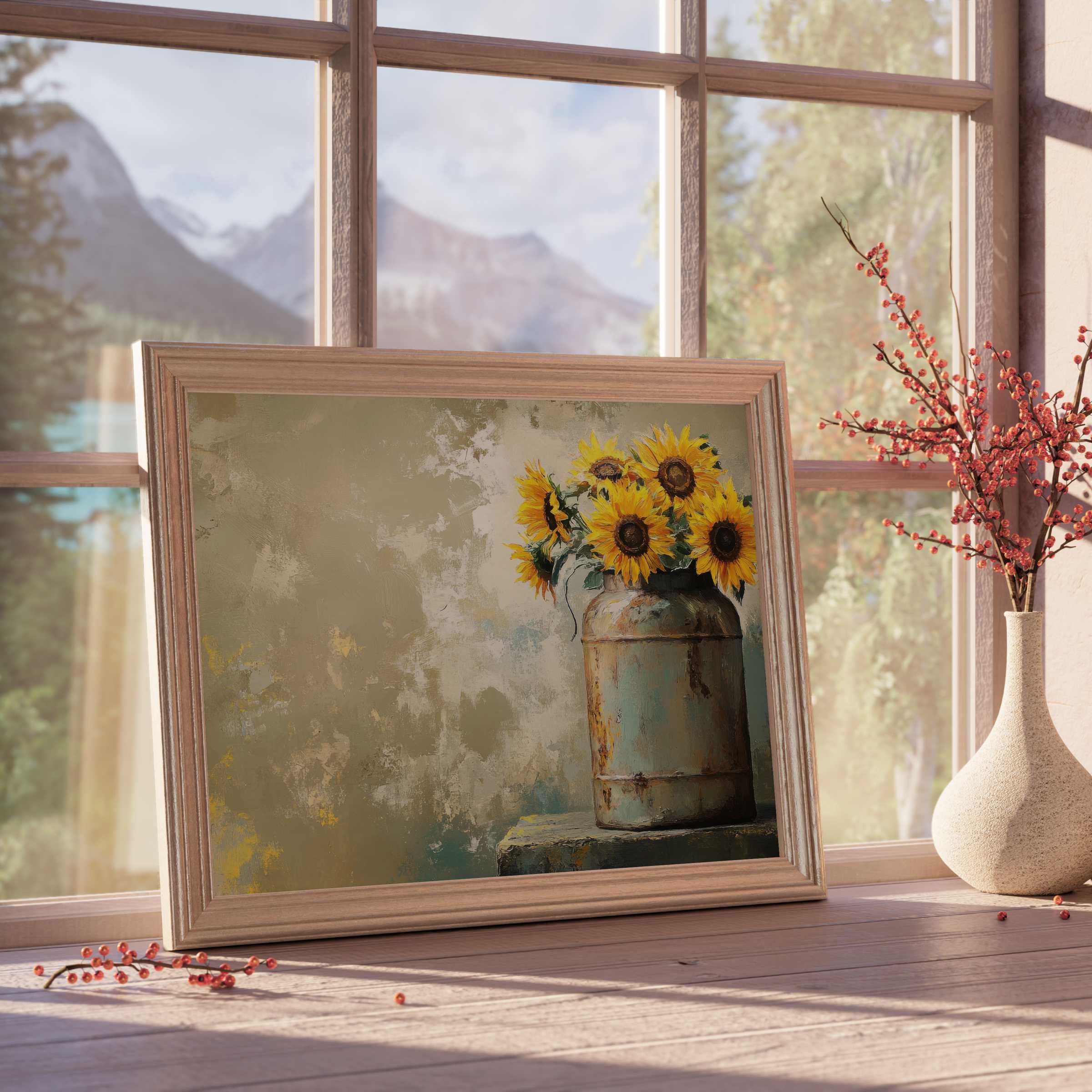 Farmhouse downloadable art capturing warm sunflowers in a vintage milk can, perfect for serene, curated interior decor