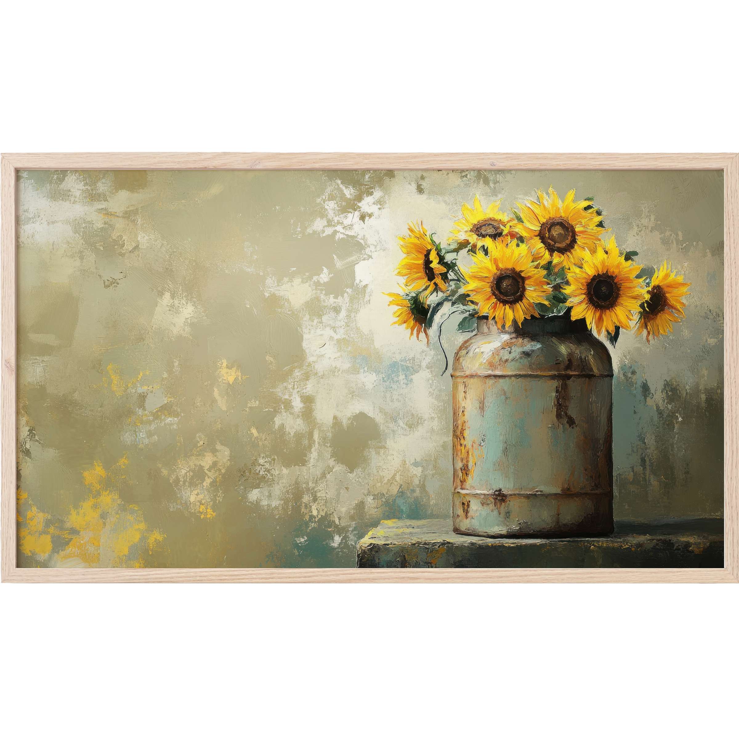 Farmhouse Frame TV Art featuring vibrant sunflowers in a rustic vase against a textured, muted earthy backdrop