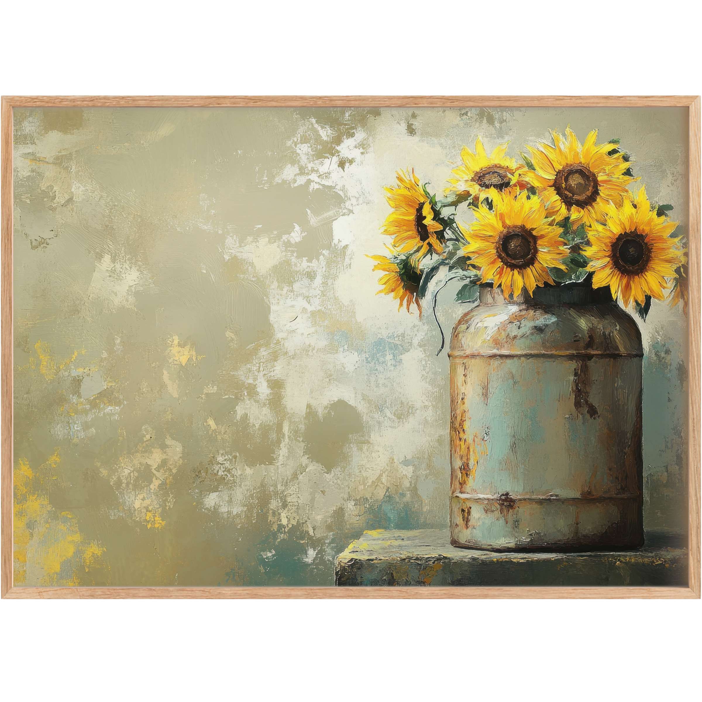 Rustic charm blooms in farmhouse printable wall art, featuring sunlit yellow sunflowers in a weathered teal vase, evoking a warm, serene ambiance