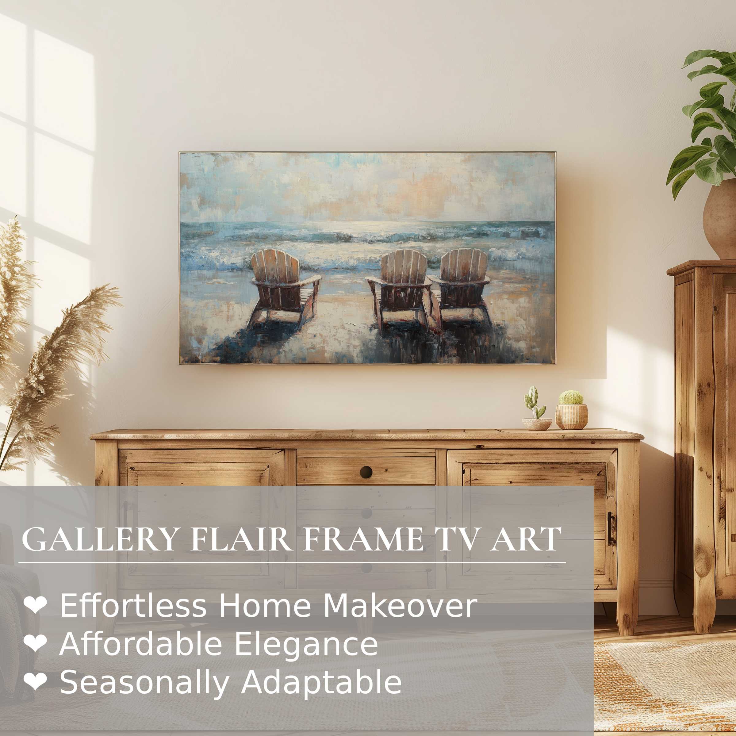Samsung Frame TV displaying serene beach digital artwork with rustic chairs in a warm, elegant living space