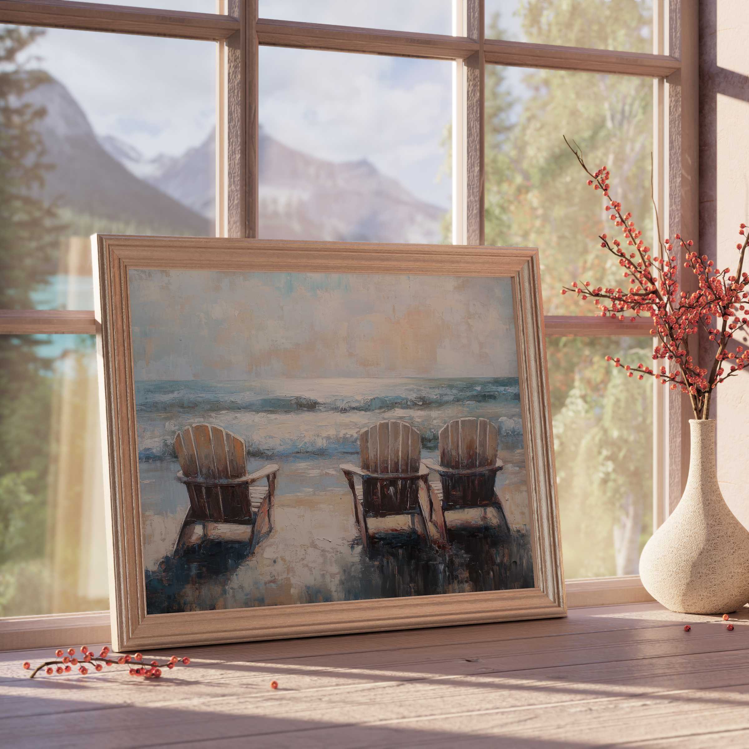 Beach downloadable art featuring sunlit Adirondack chairs by the ocean, evoking serene coastal calm for curated, stylish interiors