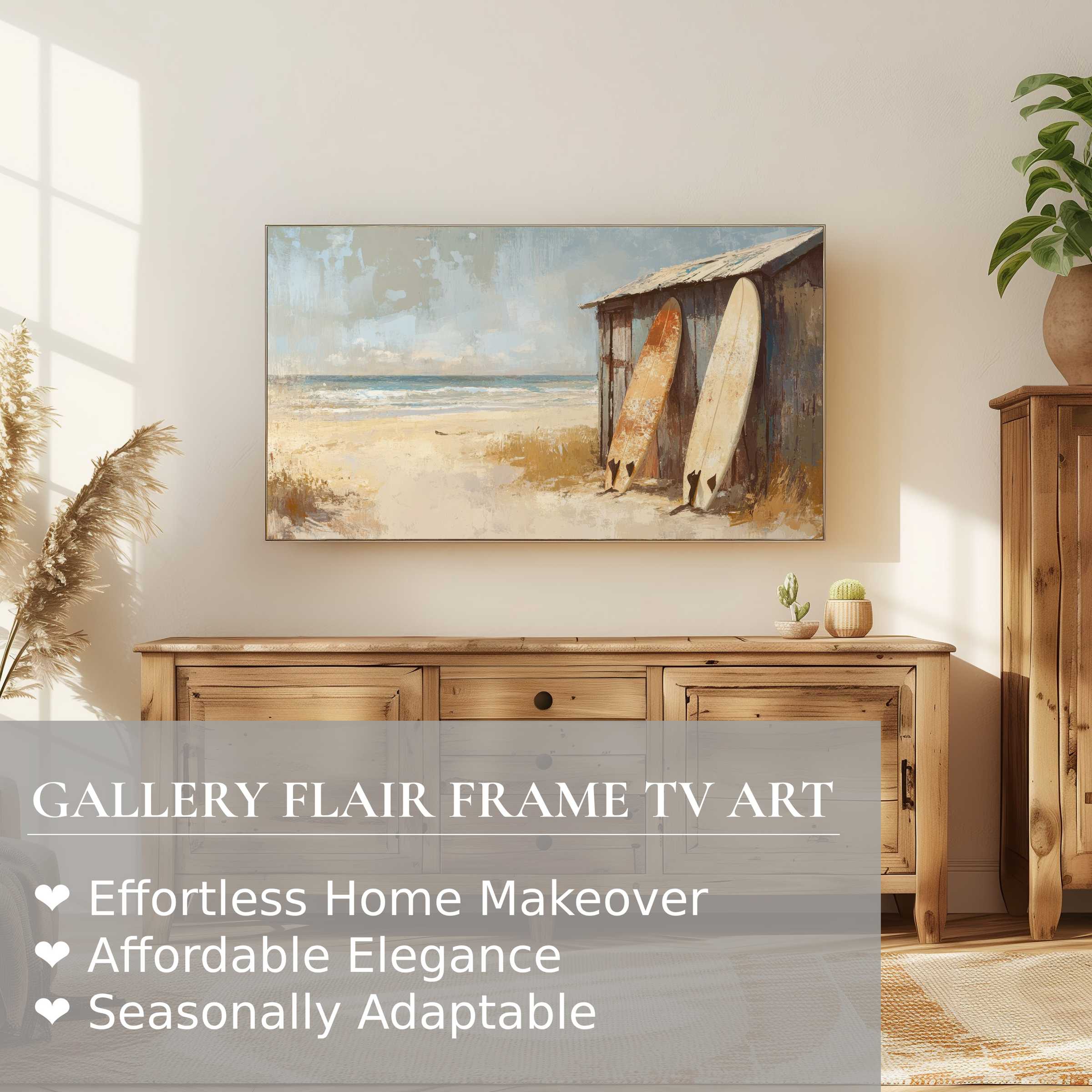 Samsung Frame TV displays serene coastal digital artwork in a modern, sunlit room with refined rustic decor