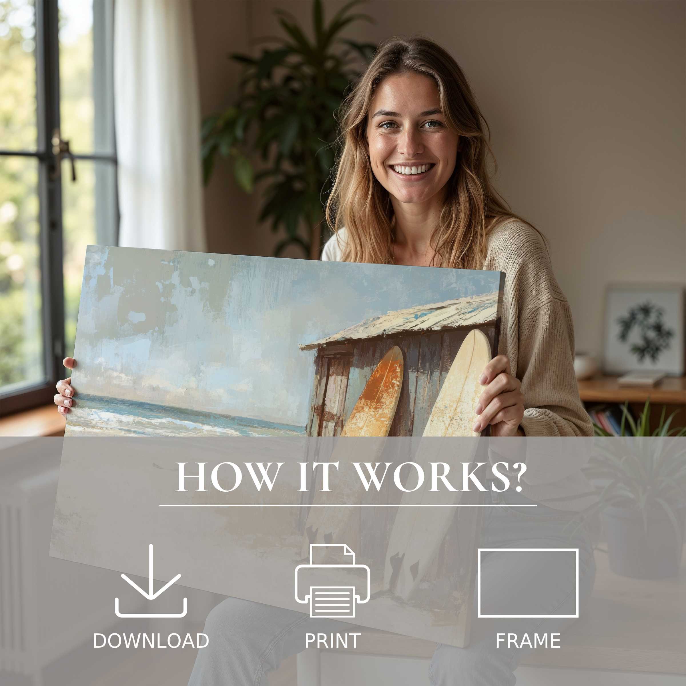 Coastal digital art print inspires joy and calm in a modern home, embodying effortless elegance in living with art