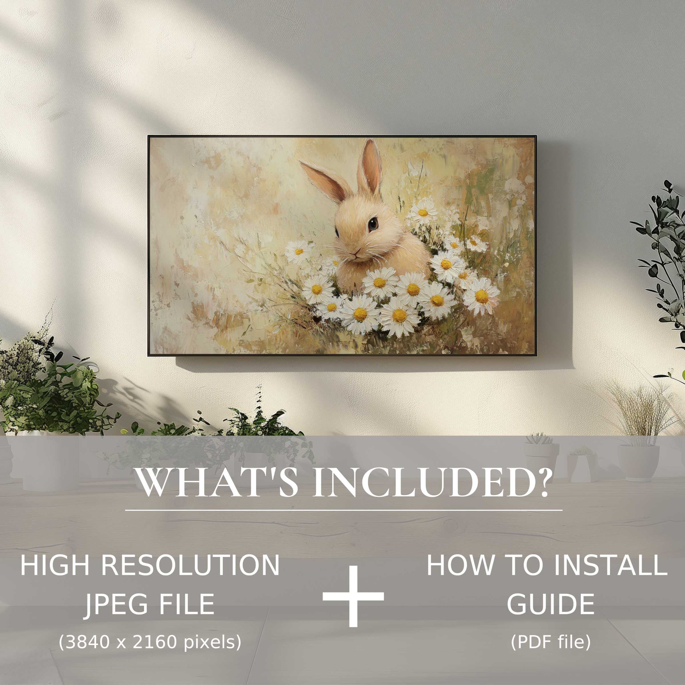 Elegant easter digital TV art download featuring a charming bunny; easy to use, enhancing modern living spaces effortlessly