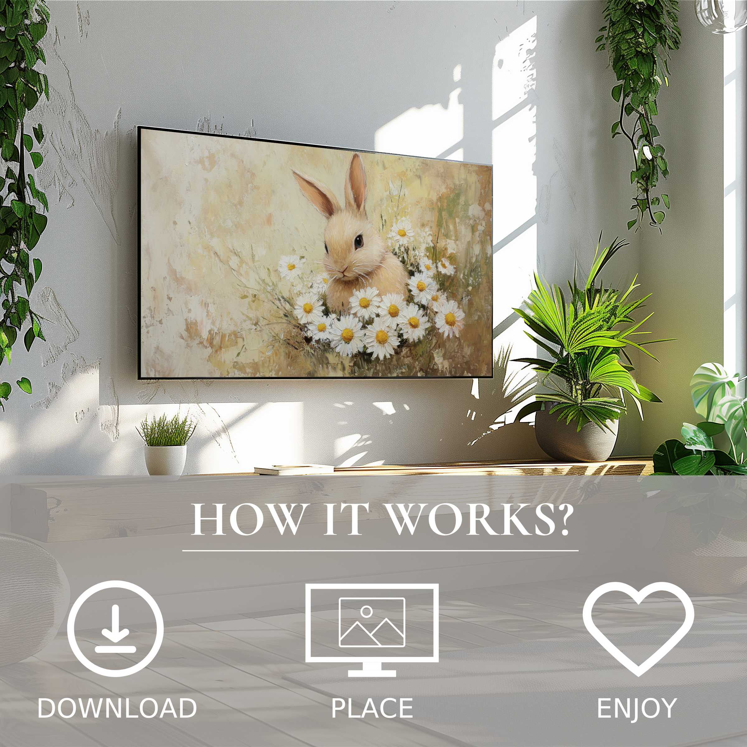 Easter art for Samsung TV showcasing soft beige tones and a bunny; easy digital download enriches modern living spaces