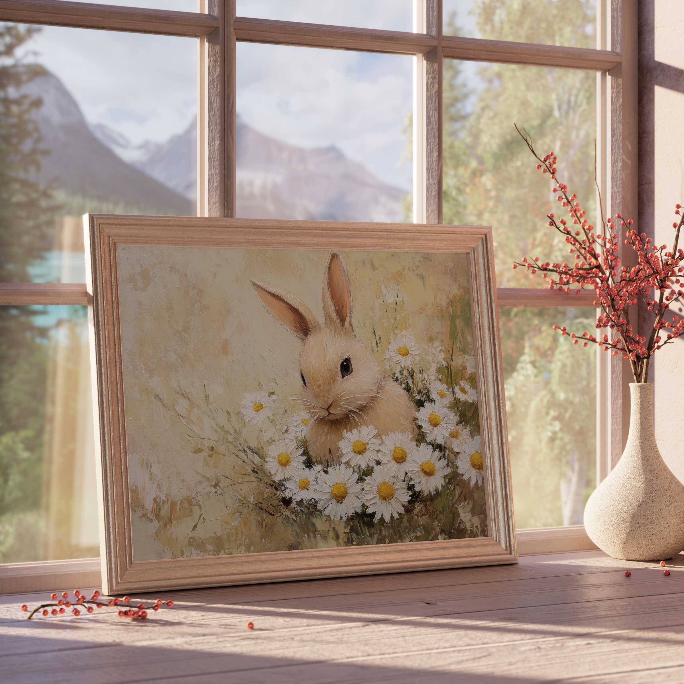Easter downloadable art featuring a serene bunny embraced by daisies, enriching tranquil, nature-inspired premium interiors
