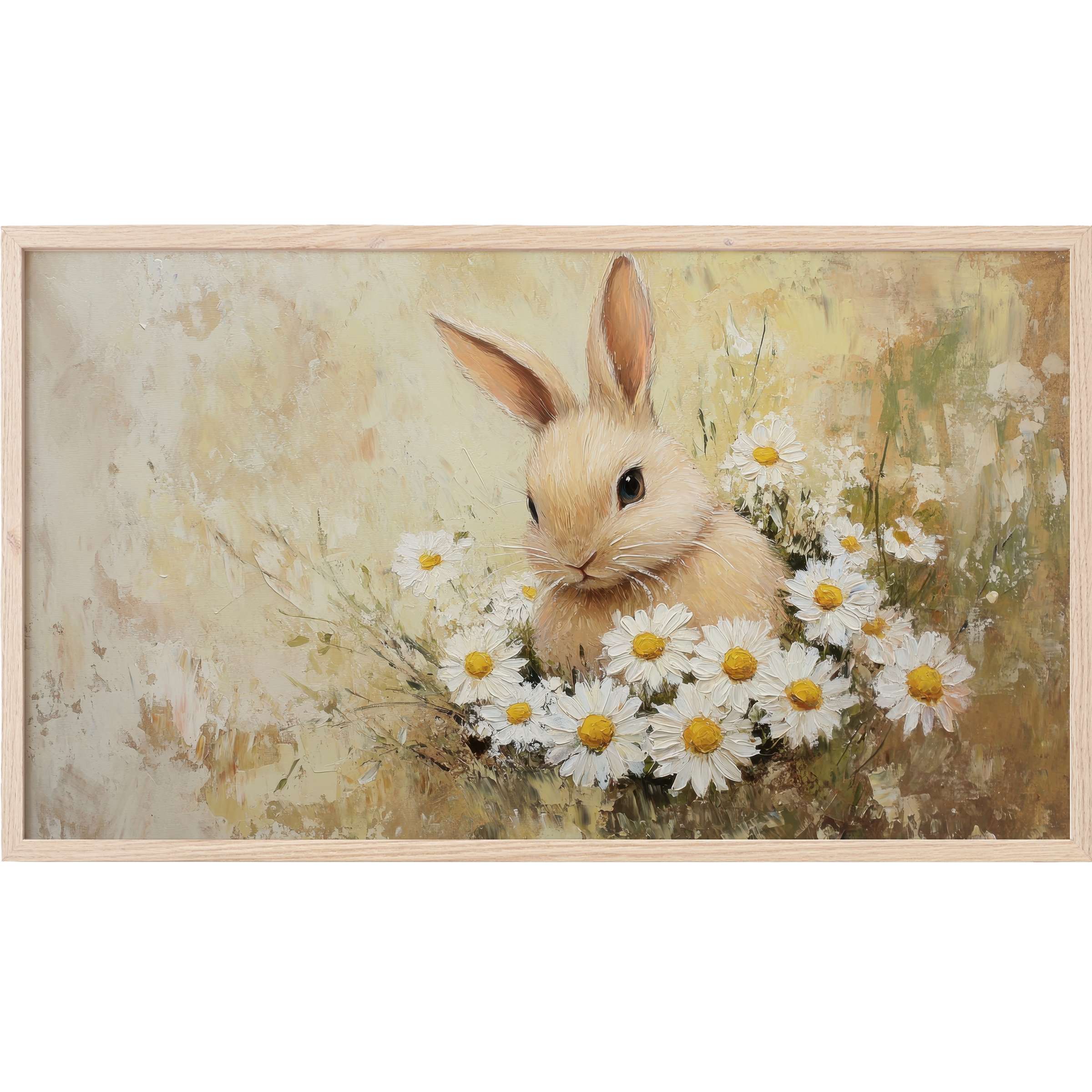 Soft pastel bunny among white daisies with textured brushstrokes in elegant neutral tones, easter Frame TV Art