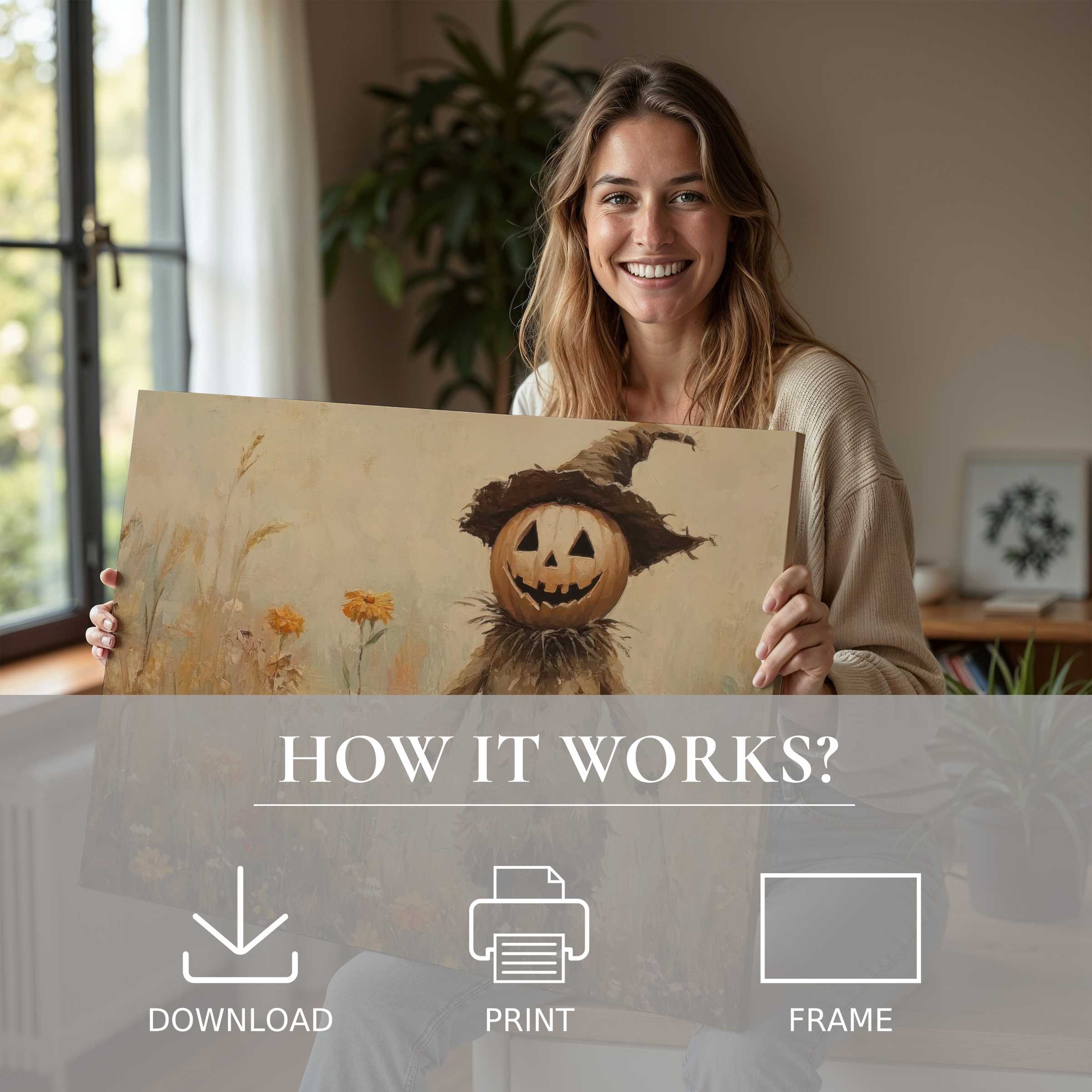 A serene moment of joy in a modern home, embracing the warmth of a Halloween digital art print with effortless elegance