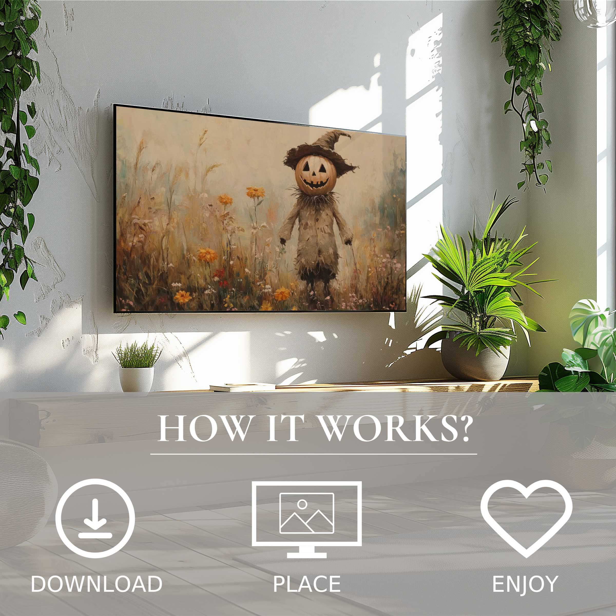 Halloween art for Samsung TV shows warm autumn hues and gentle color flow; easy digital download enriches modern spaces