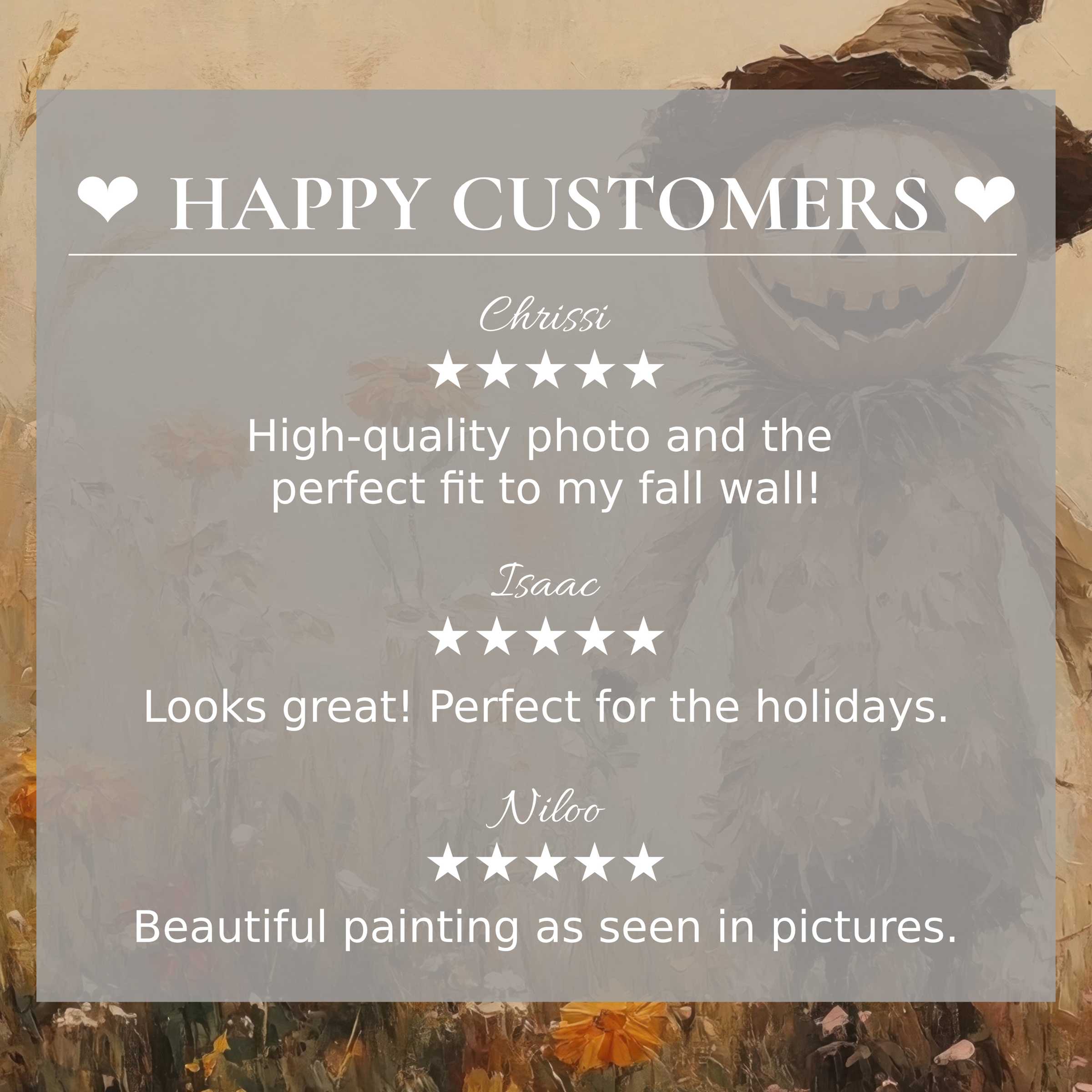 Halloween art for Frame TV with rustic autumn hues, showcasing happy customer reviews to inspire trust