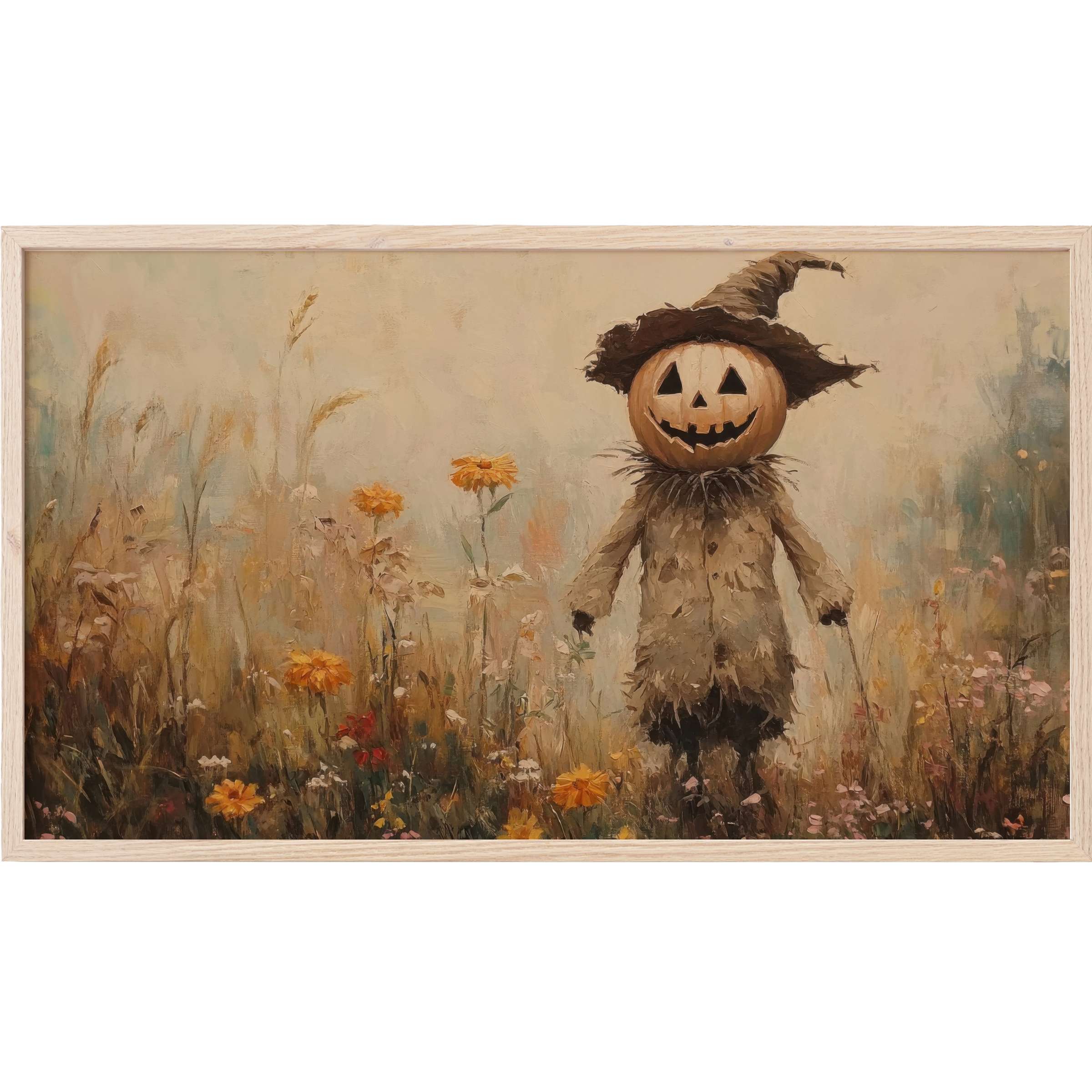 Whimsical pumpkin scarecrow amid autumn wildflowers in muted earthy tones, a chic halloween Frame TV Art