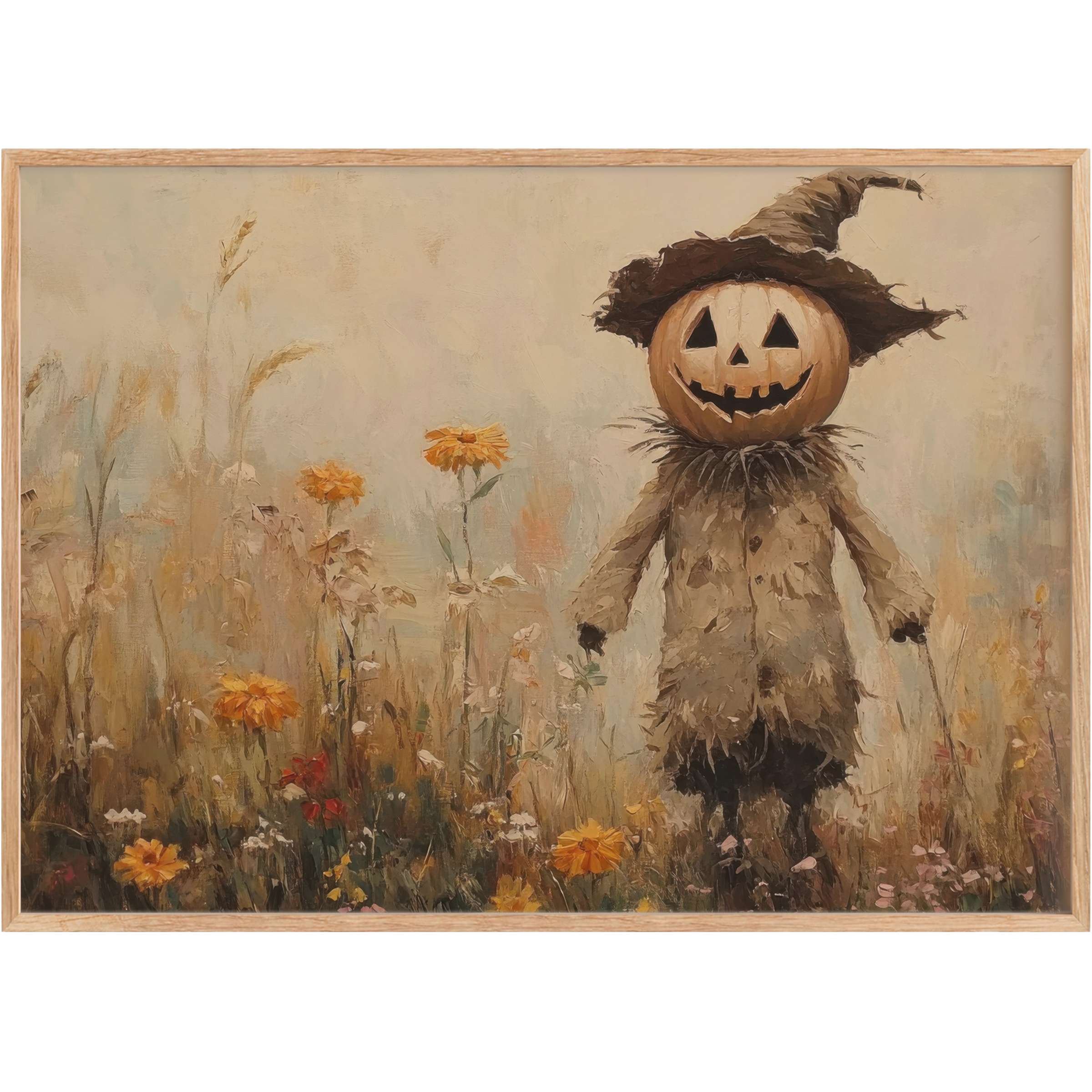 Enchanting halloween printable wall art featuring a whimsical pumpkin scarecrow amid golden wildflowers, evoking warm, rustic charm
