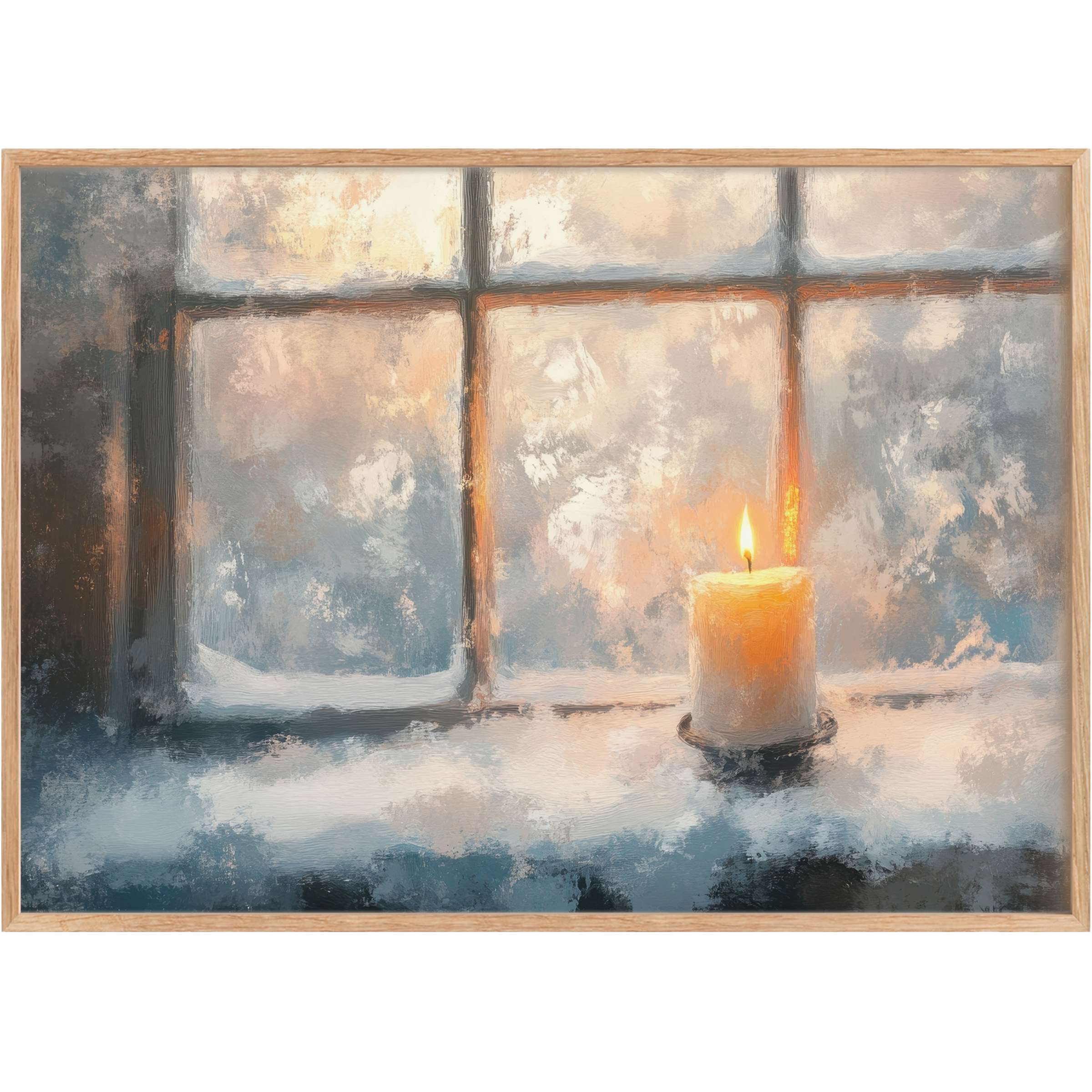 Winter printable wall art featuring a glowing candle by frosted window, evoking serene warmth with soft blues and amber light