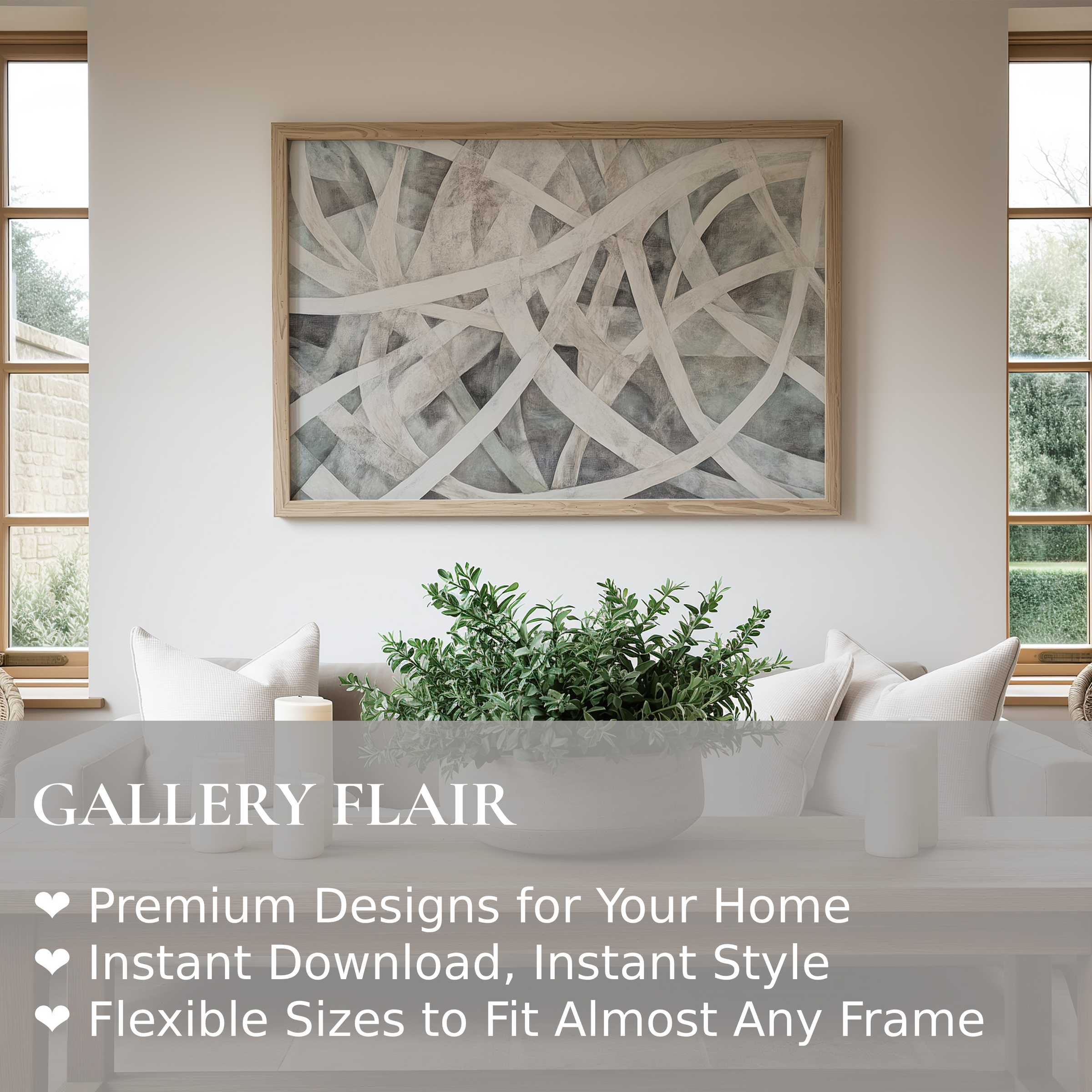 Abstract wall art print with layered soft grays and whites, adding serene modern elegance to the minimalist, nature-inspired living room